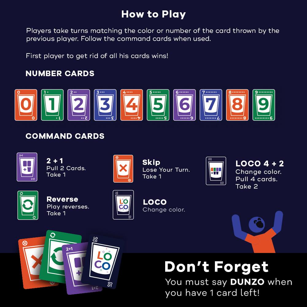 How to Play

Players take turns matching the color or number of the card thrown by the previous player. Follow the command cards when used.

First player to get rid of all his cards wins!

NUMBER CARDS
0 1 2 3 4 5 6 7 8 9

COMMAND CARDS
2 + 1 Pull 2 Cards. Take 1
Skip Lose Your Turn. Take 1
Reverse Play reverses. Take 1
LOCO Change color.
LOCO 4 + 2 Change color. Pull 4 cards. Take 2

Don't Forget
You must say DUNZO when you have 1 card left!