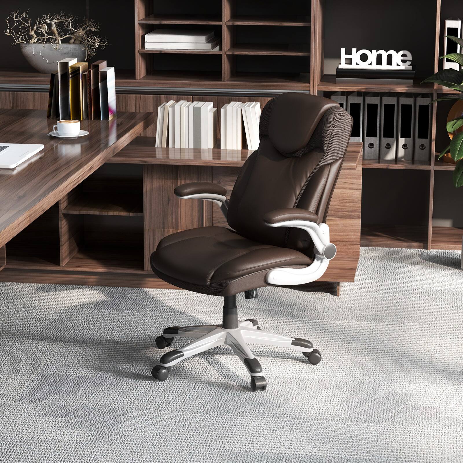 Alt View 1. Ecooso - Office Chair Ergonomic PU Leather Executive Chair with Flip-up Armrests and Rocking Function - Brown.