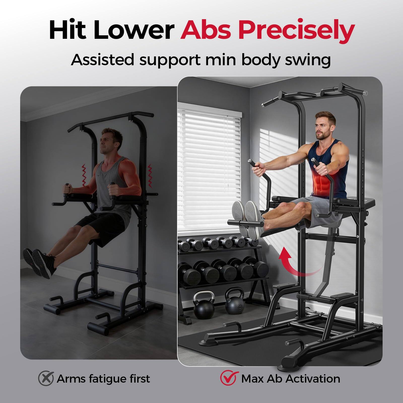 Hit Lower Abs Precisely  
Assisted support min body swing  

Arms fatigue first  

Max Ab Activation