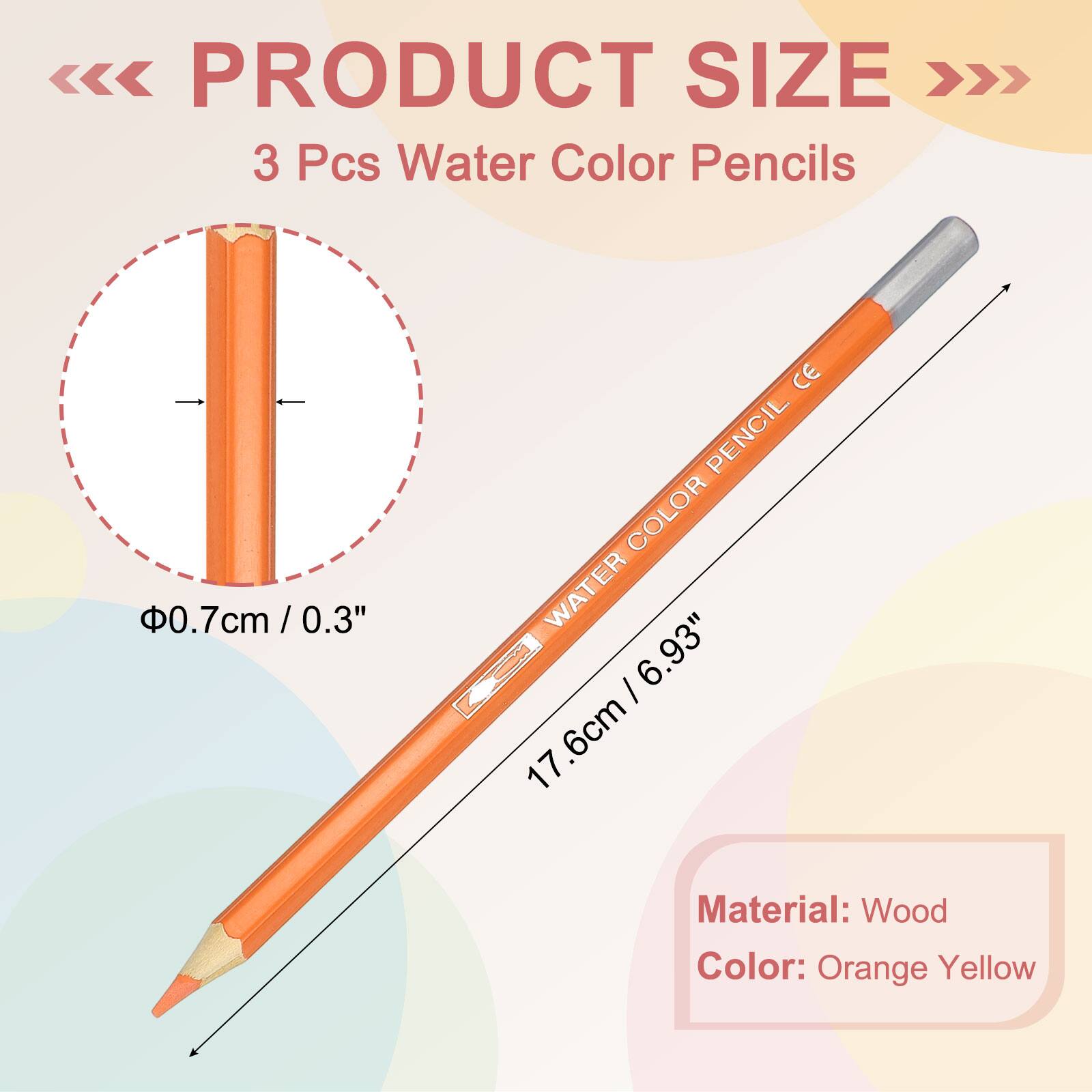 PRODUCT SIZE

3 Pcs Water Color Pencils

0.7cm / 0.3"  
17.6cm / 6.93"

Material: Wood  
Color: Orange Yellow