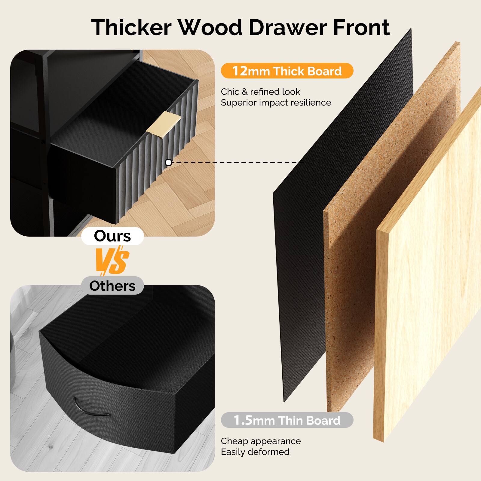 Thicker Wood Drawer Front

12mm Thick Board
Chic & refined look
Superior impact resilience

Ours VS Others

1.5mm Thin Board
Cheap appearance
Easily deformed
