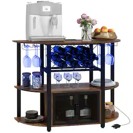 Homcom - Wine Bar Cabinet with Charging Station and LED Lights, Industrial Liquor Cabinet Bar Stand for Home