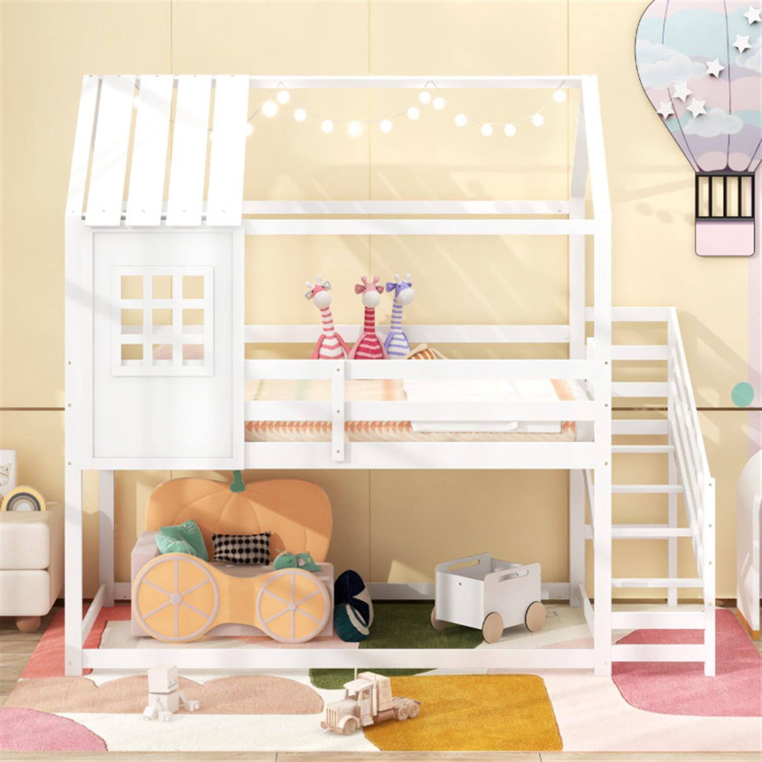 Alt View 2. Pefilos - Twin Over Twin Bunk Bed with Stairs and Roof, Twin Bunk Beds, Space-saving Solid Wood House Bed Frame - White.