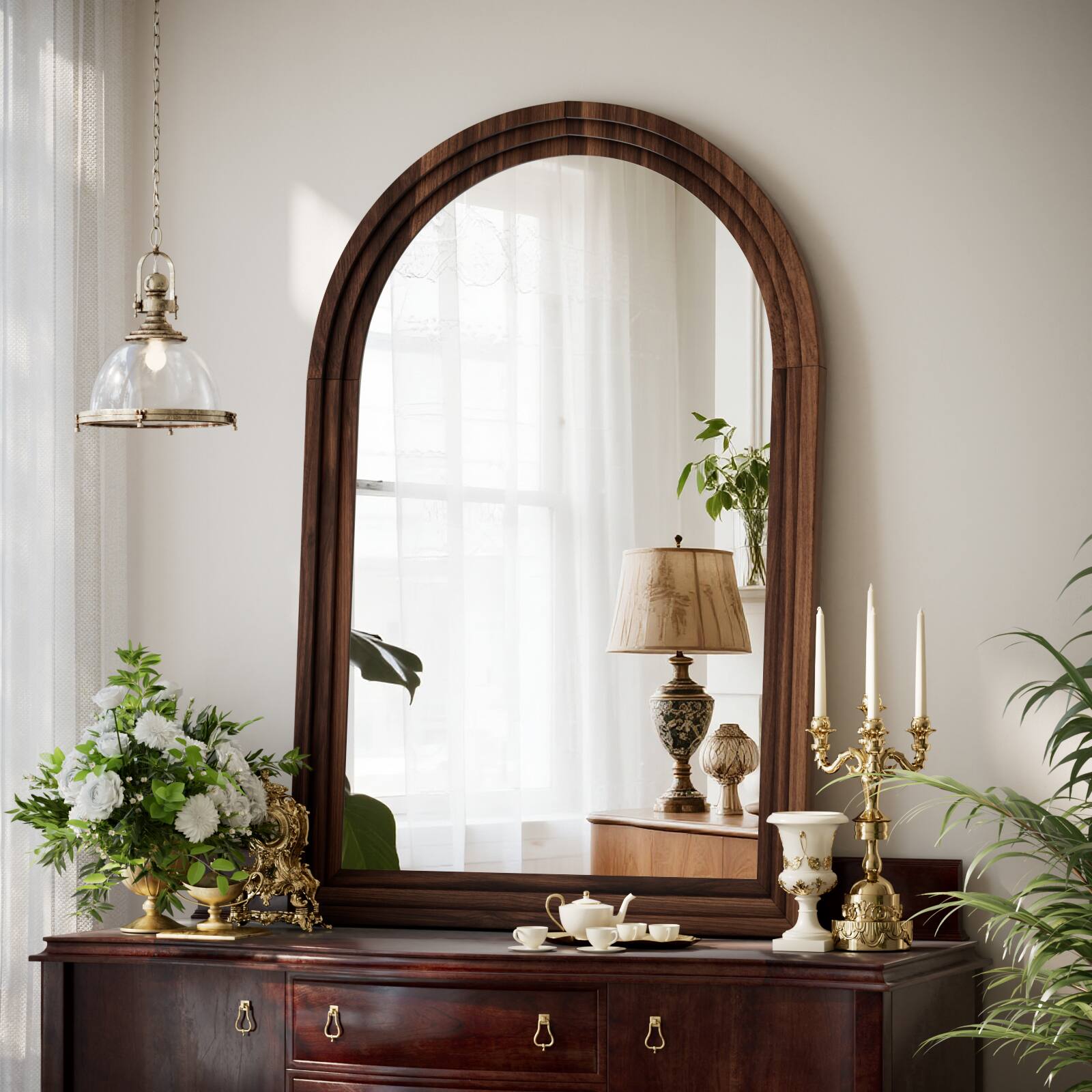 Angle. Easly - Antique Brown 24 in. W x 36 in. H Arched Wood Frame Vanity Wall Mirror - Walnut.