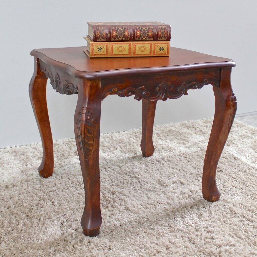Angle. International Caravan - International Caravan Carved Wood Square End Table - Brown Stain.