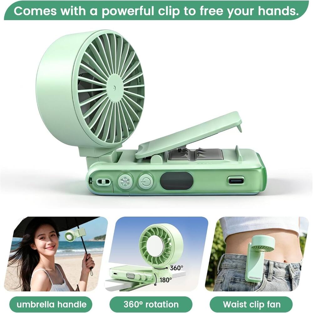Comes with a powerful clip to free your hands.

- Umbrella handle
- 360° rotation
- Waist clip fan