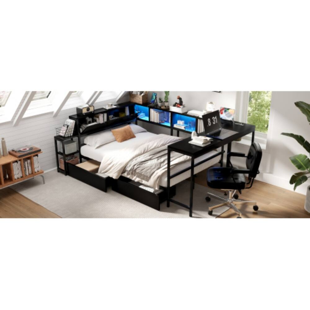 Back. LUCKY ONE - Full Size Corner Bed Frame with Bookcase, 2 Under-Bed Drawers, LED Lights, Charging Station, Left or Right Assembly - Black.