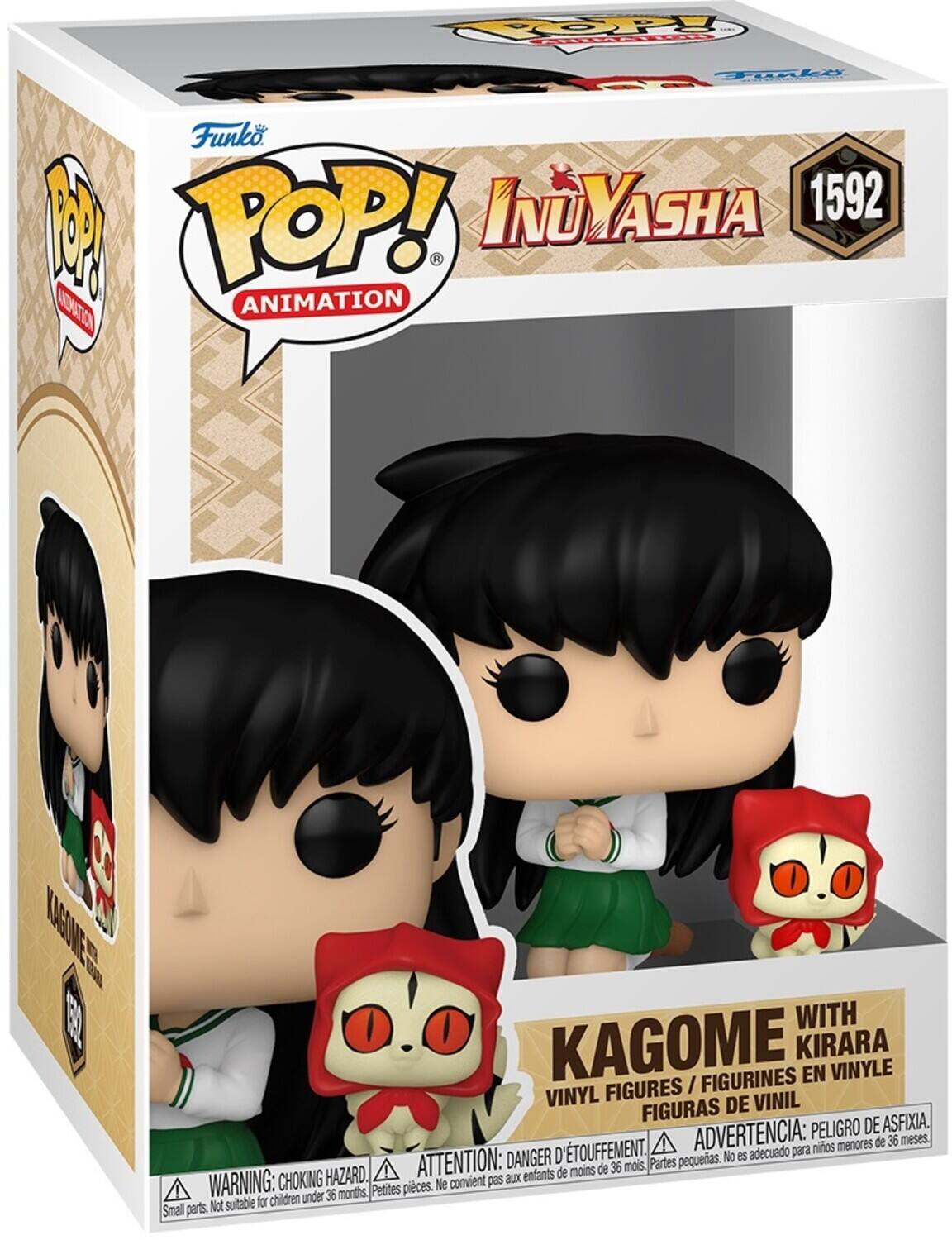 Sure, here is the corrected and grouped text from the image:

---

**Funko POP! Animation**

**InuYasha**

**1592**

**KAGOME WITH KIRARA**

**VINYL FIGURES / FIGURINES EN VINYLE / FIGURAS DE VINIL**

**WARNING: CHOKING HAZARD. Small parts. Not suitable for children under 36 months.**

**ADVERTENCIA: PELIGRO DE ASFIXIA. Partes pequeñas. No es adecuado para niños menores de 36 meses.**

**ATTENTION: DANGER D'ÉTOUFFEMENT. Petites pièces. Ne convient pas aux enfants de moins de 36 mois.**

---

This text is organized to reflect the information on the packaging accurately.
