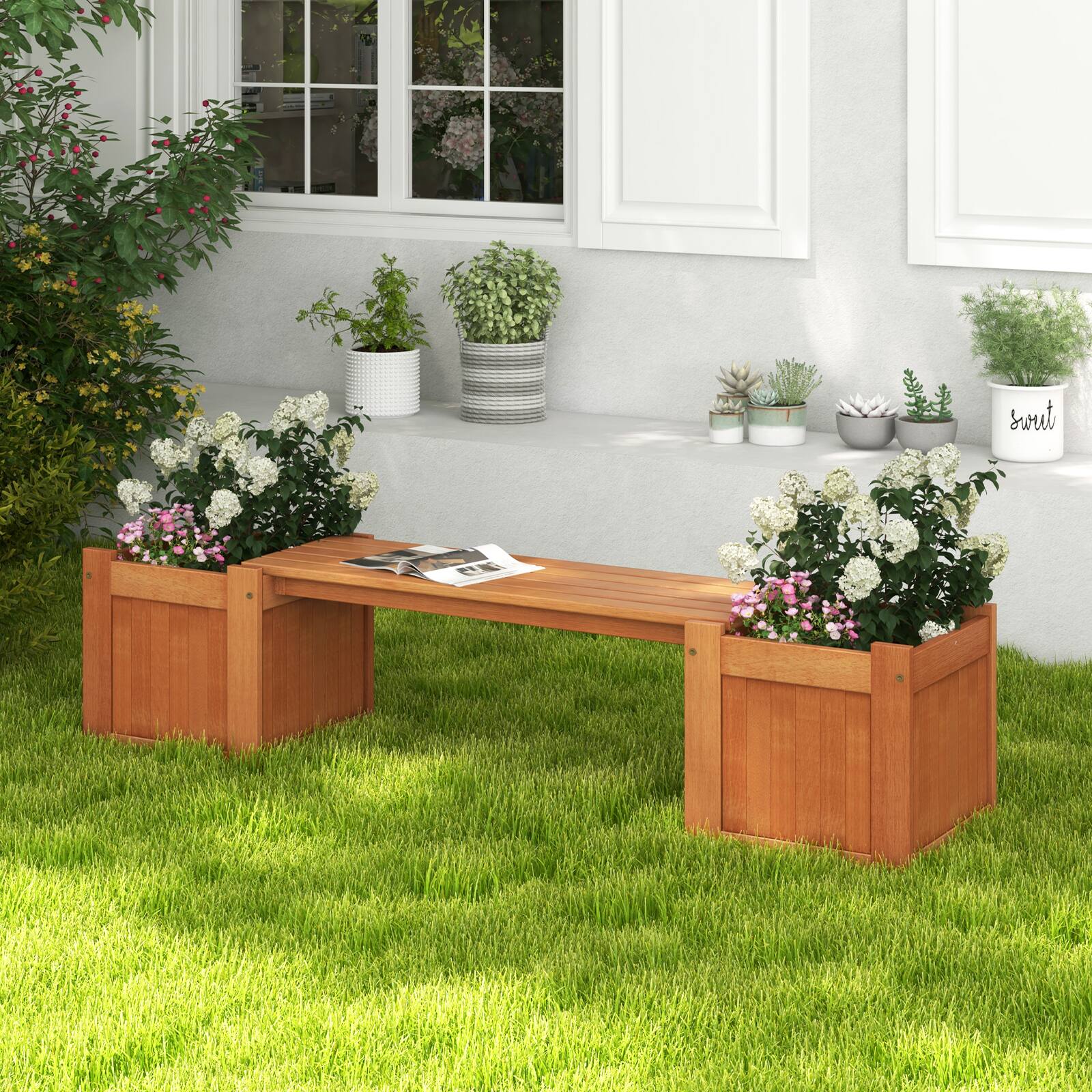Alt View 3. Costway - Costway Wood Outdoor Planter Boxes with Detachable Bench 2 Elevated Mini Planters Patio - Natural.