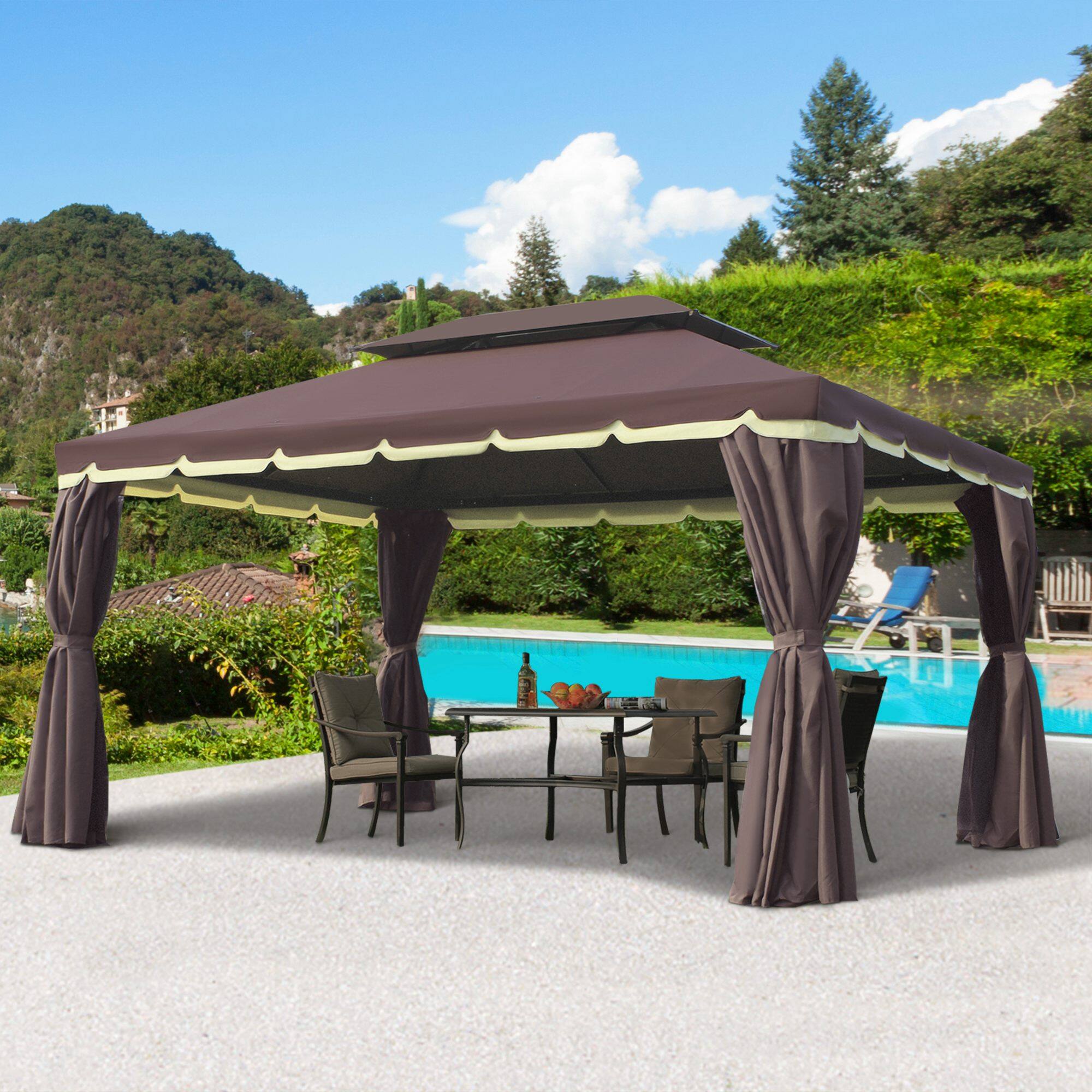 Angle. Outsunny -  10' x 13' Patio Gazebo, Outdoor Gazebo Canopy Shelter with Netting and Curtains, Aluminum Frame for Garden, Lawn - Coffee.