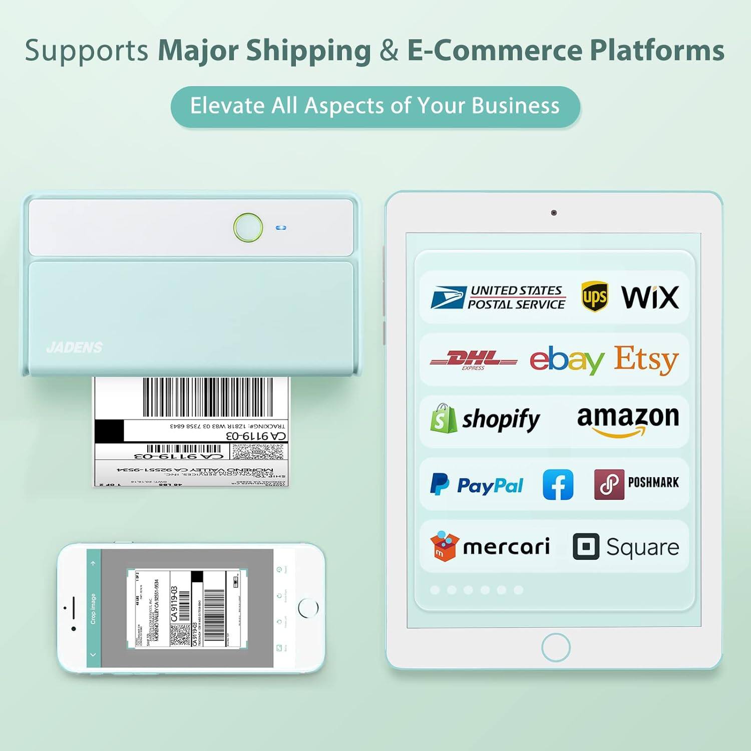 Supports Major Shipping & E-Commerce Platforms  
Elevate All Aspects of Your Business  

- United States Postal Service  
- UPS  
- Wix  
- DHL  
- eBay  
- Etsy  
- Shopify  
- Amazon  
- PayPal  
- Facebook  
- Poshmark  
- Mercari  
- Square