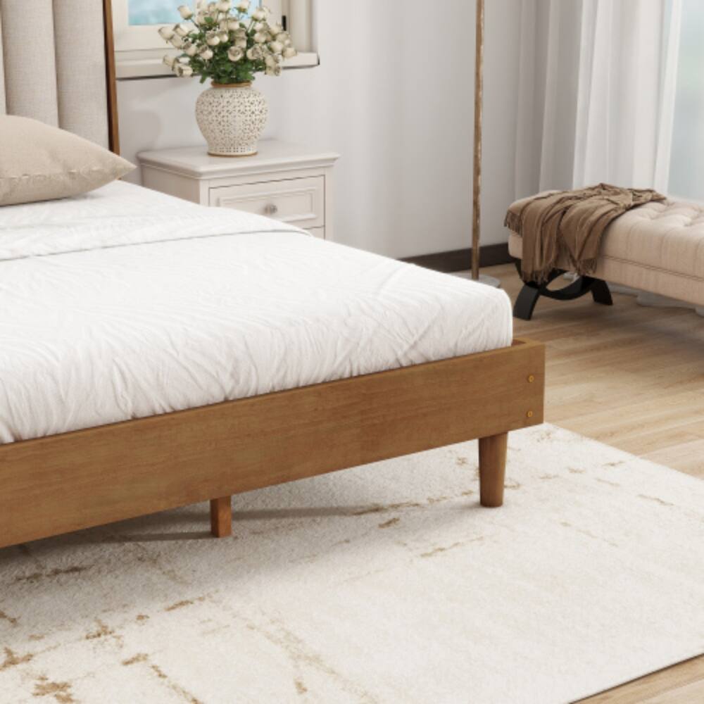 Left. LUCKY ONE - King Size Wood Bed with Piano Key Style Upholstered Headboard, Strengthened Frame, Wood Slats, No Box Spring Needed - Wheat.