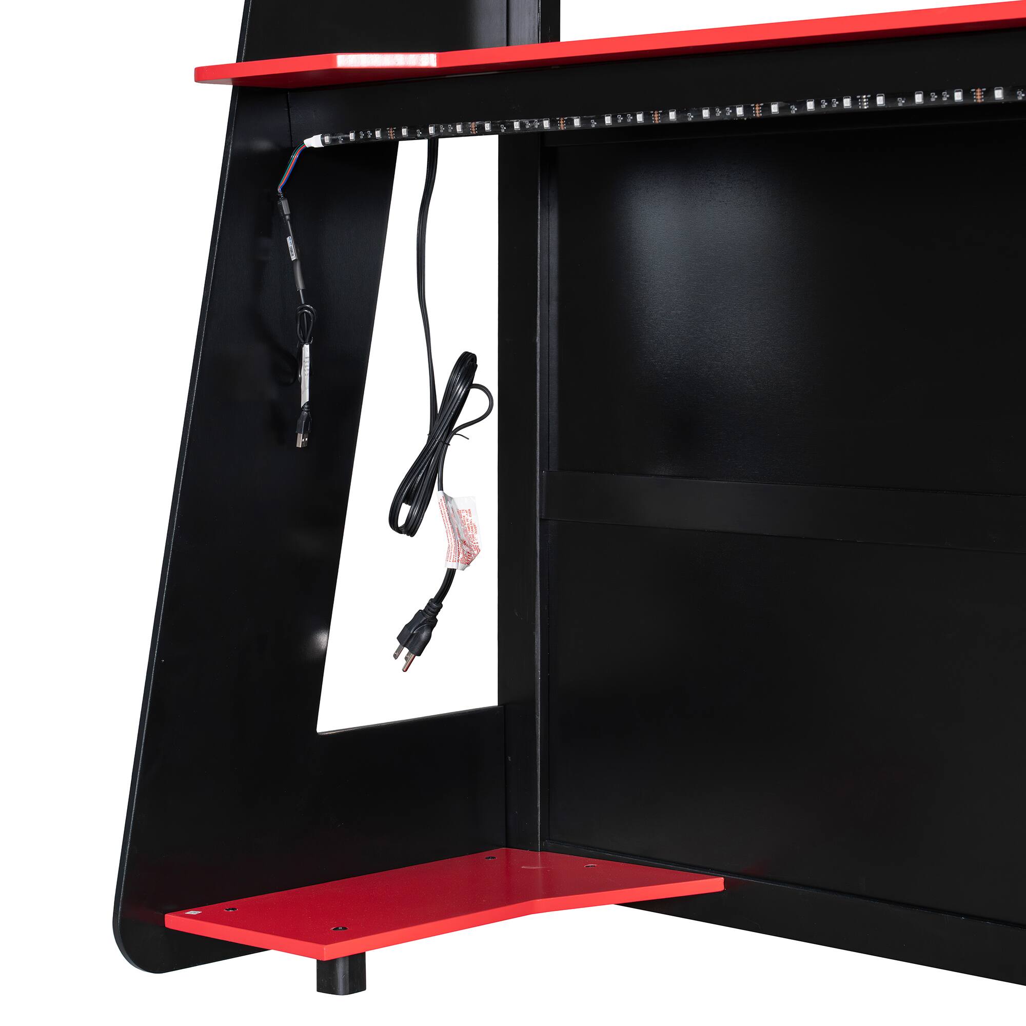 Alt View 2. Whisen - Full Size Loft Bed with Gaming Desk, Built-in Shelves, Power Station & LED Lights for Bedroom - Black|Red.