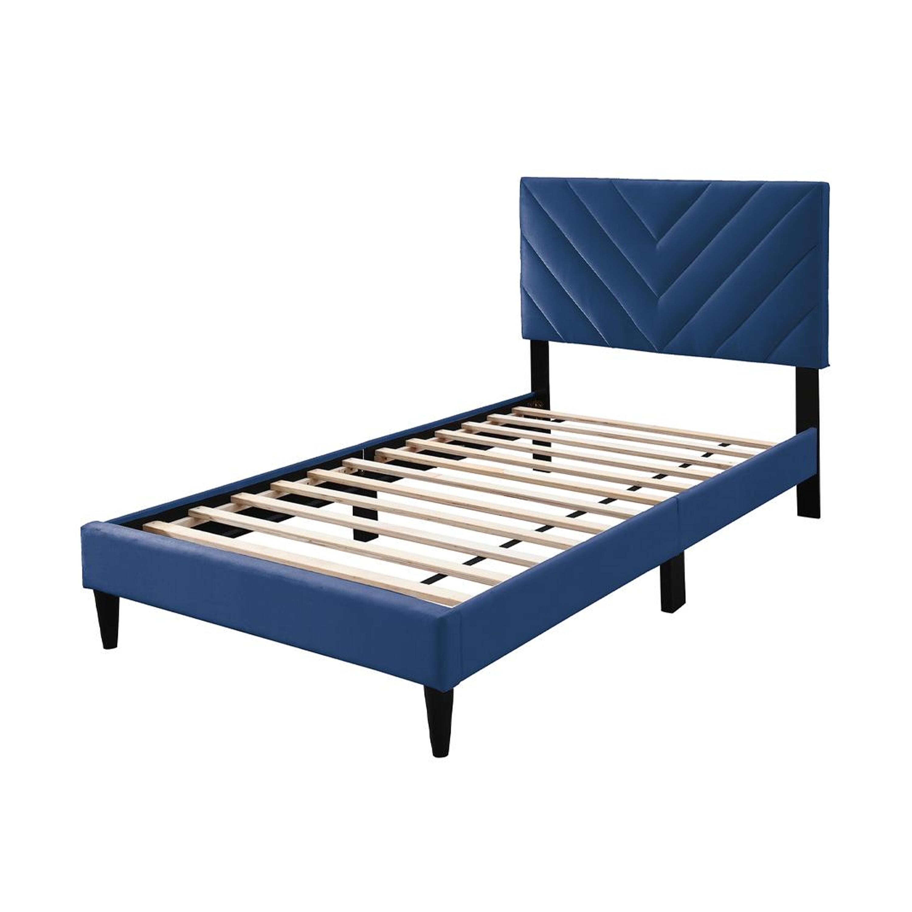 Alt View 1. Manhattan Lane - Lilian Full Bed, Tufted Navy Blue Velvet Upholstery, Chevron Stitch - Navy Blue, Black.