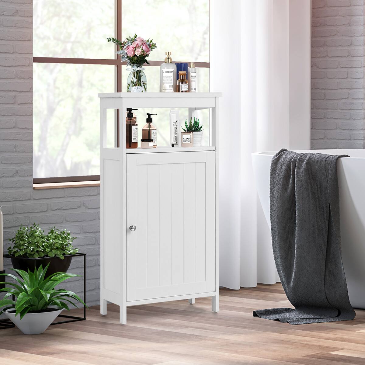 Alt View 1. Costway - Costway Bathroom Wooden Floor Cabinet Multifunction Storage Rack Organizer Stand - White.