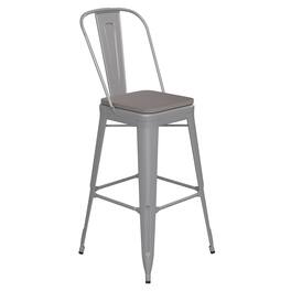 Emma + Oliver - Kam Metal Indoor-Outdoor Stool with Removable Back and All-Weather Polystyrene Seat - Gray Seat/Silver Frame