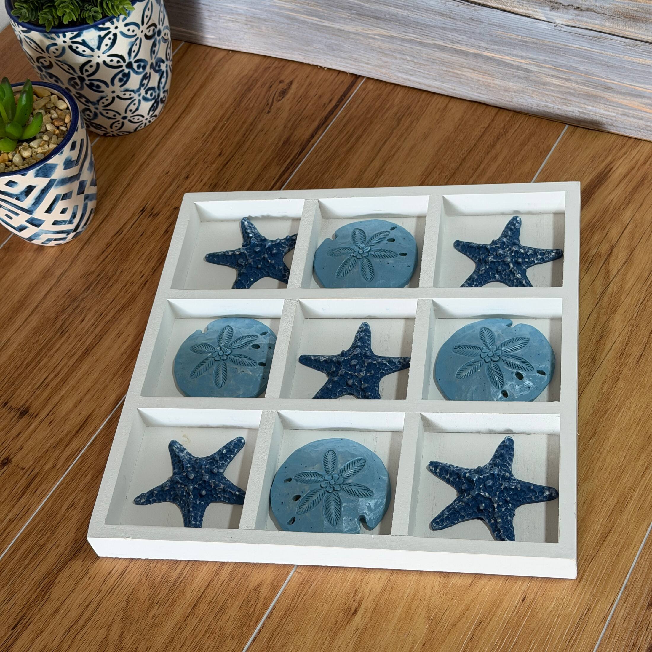 Alt View 6. Zeckos - Coastal Tabletop Decor Whitewashed Wood Blue Starfish Sand Dollar 11.75 Inch - White.