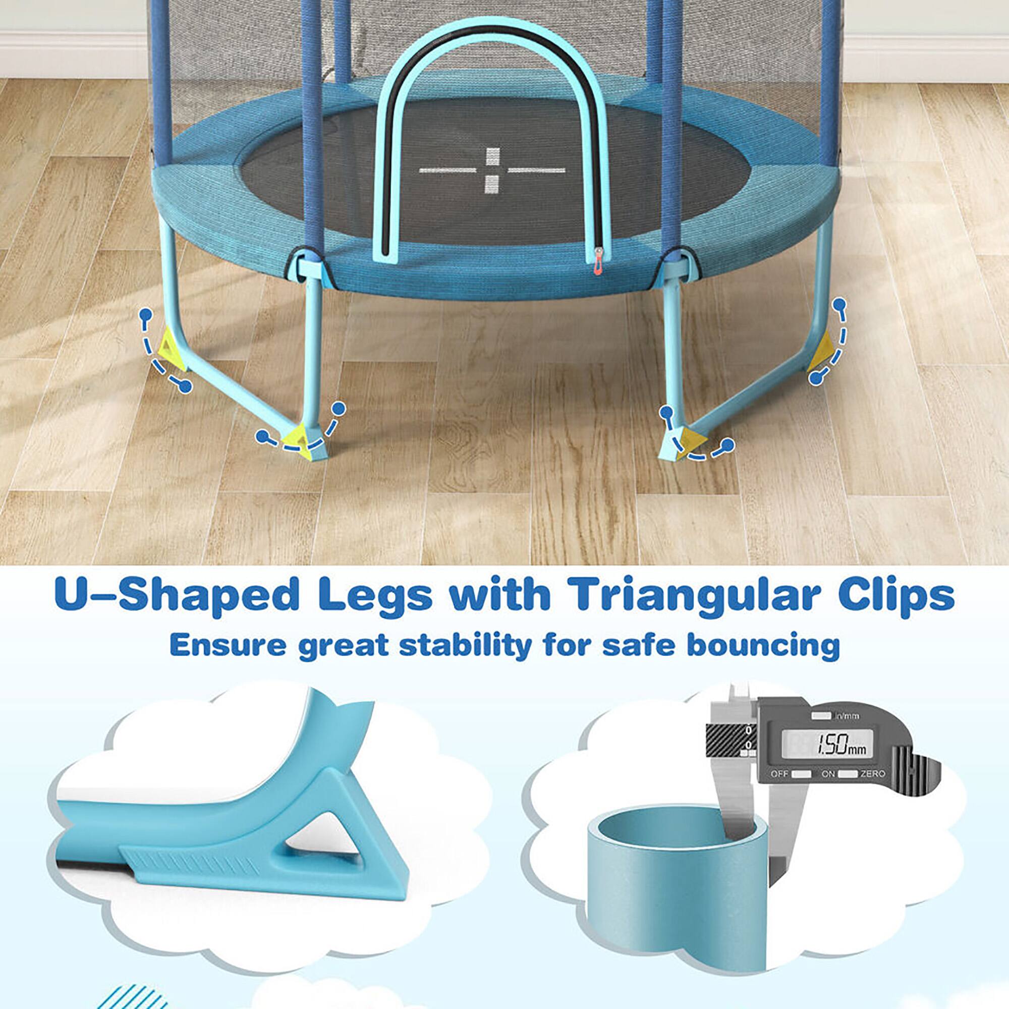 U-Shaped Legs with Triangular Clips  
Ensure great stability for safe bouncing  

150mm  
OFF ON ZERO