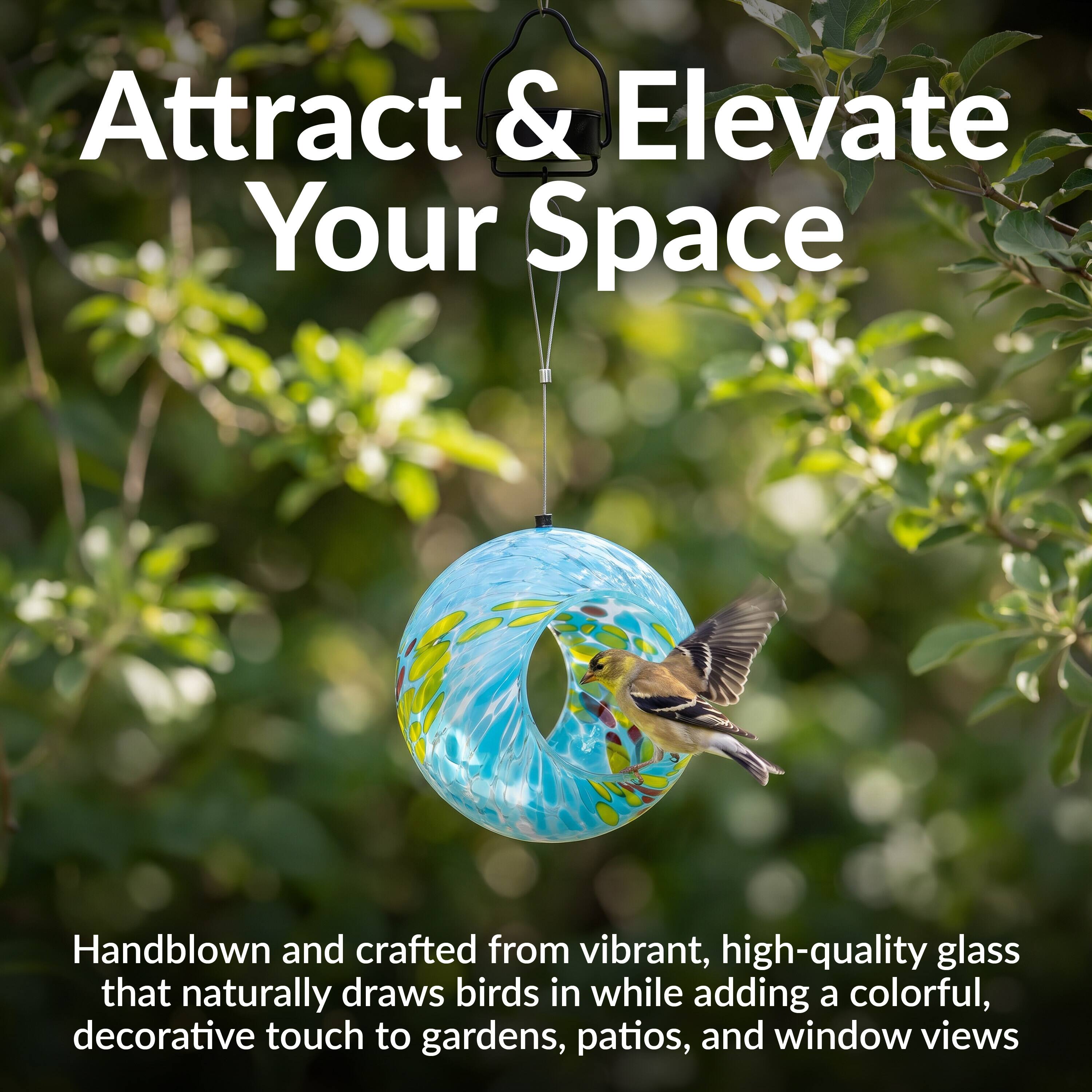 Attract & Elevate Your Space

Handblown and crafted from vibrant, high-quality glass that naturally draws birds in while adding a colorful, decorative touch to gardens, patios, and window views