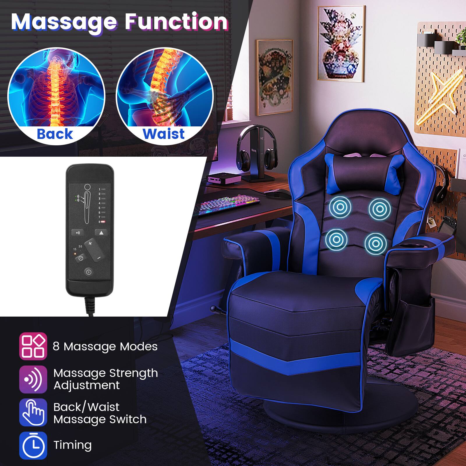 Massage Function: This chair has a massage function with 8 different massage modes and adjustable massage strength. It also includes a back/waist massage switch and a timing feature for added convenience.