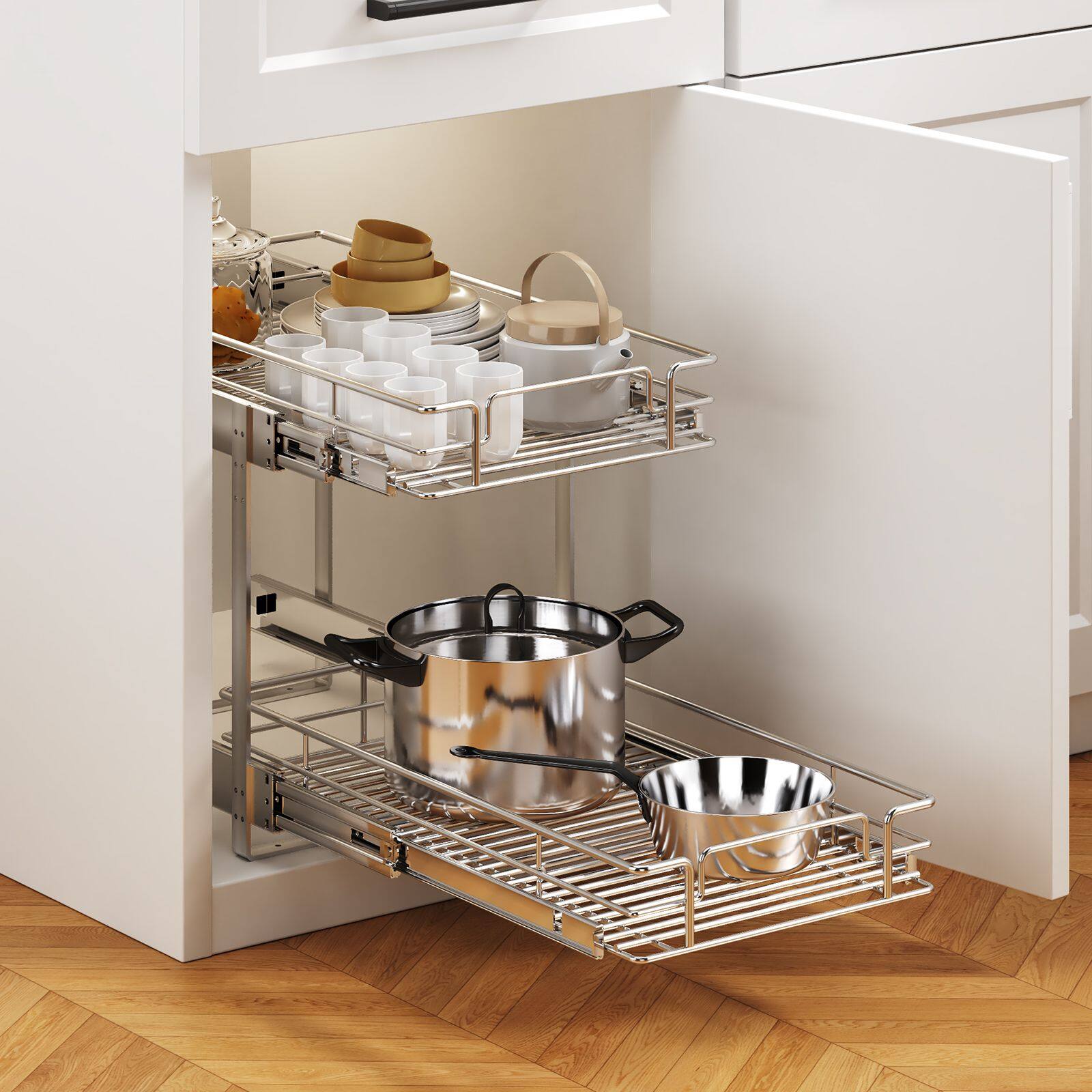 Alt View 4. LOVMOR - 2 Tier Individual Pull Out Cabinet Organizer 10.5in W x 18in D Slide Out Kitchen Cabinet Storage Sliding Shelves - Silver.