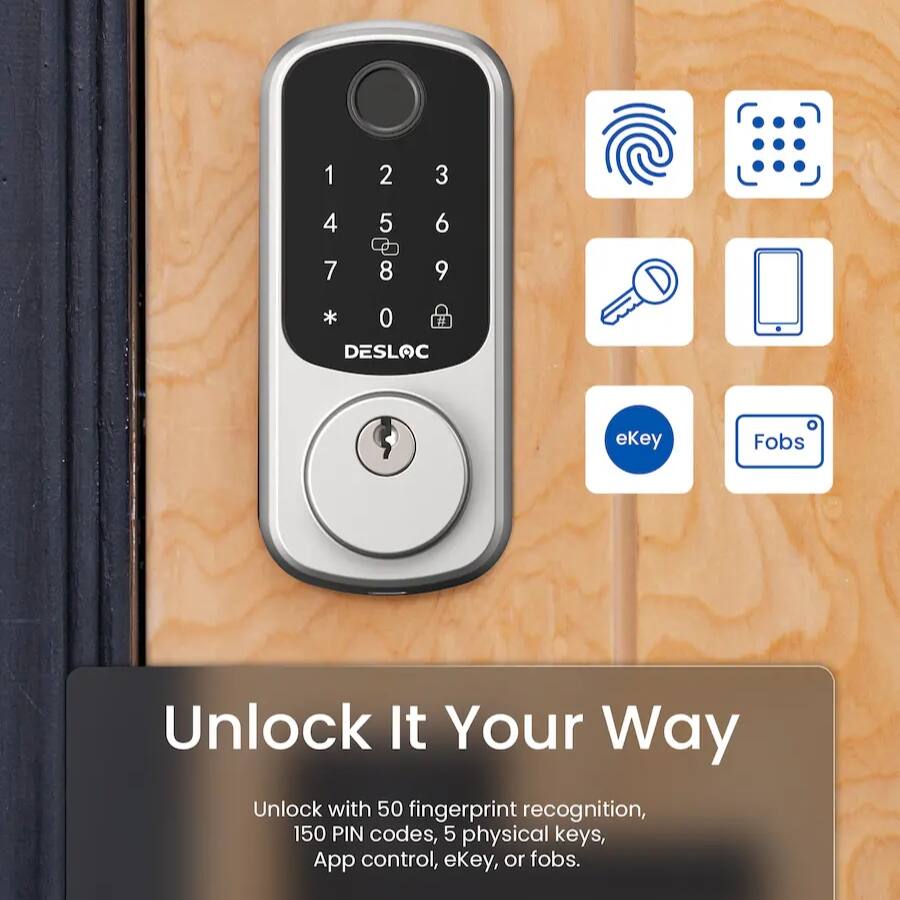 1 2 3 4 5 6 7 8 9 * 0 # DESLOC ekey Fobs Unlock It Your Way Unlock with 50 fingerprint recognition, 150 PIN codes, 5 physical keys, App control, eKey, or fobs.