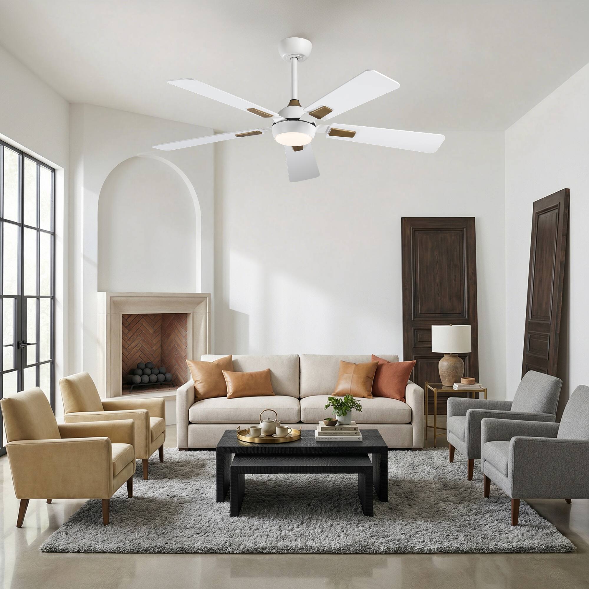 Angle. Vaczon - 52 In. Modern Dimmable 3CCT LED Smart Ceiling Fan with Light, Remote and App Control, Double-Sided Blades, 6-Speed - White.