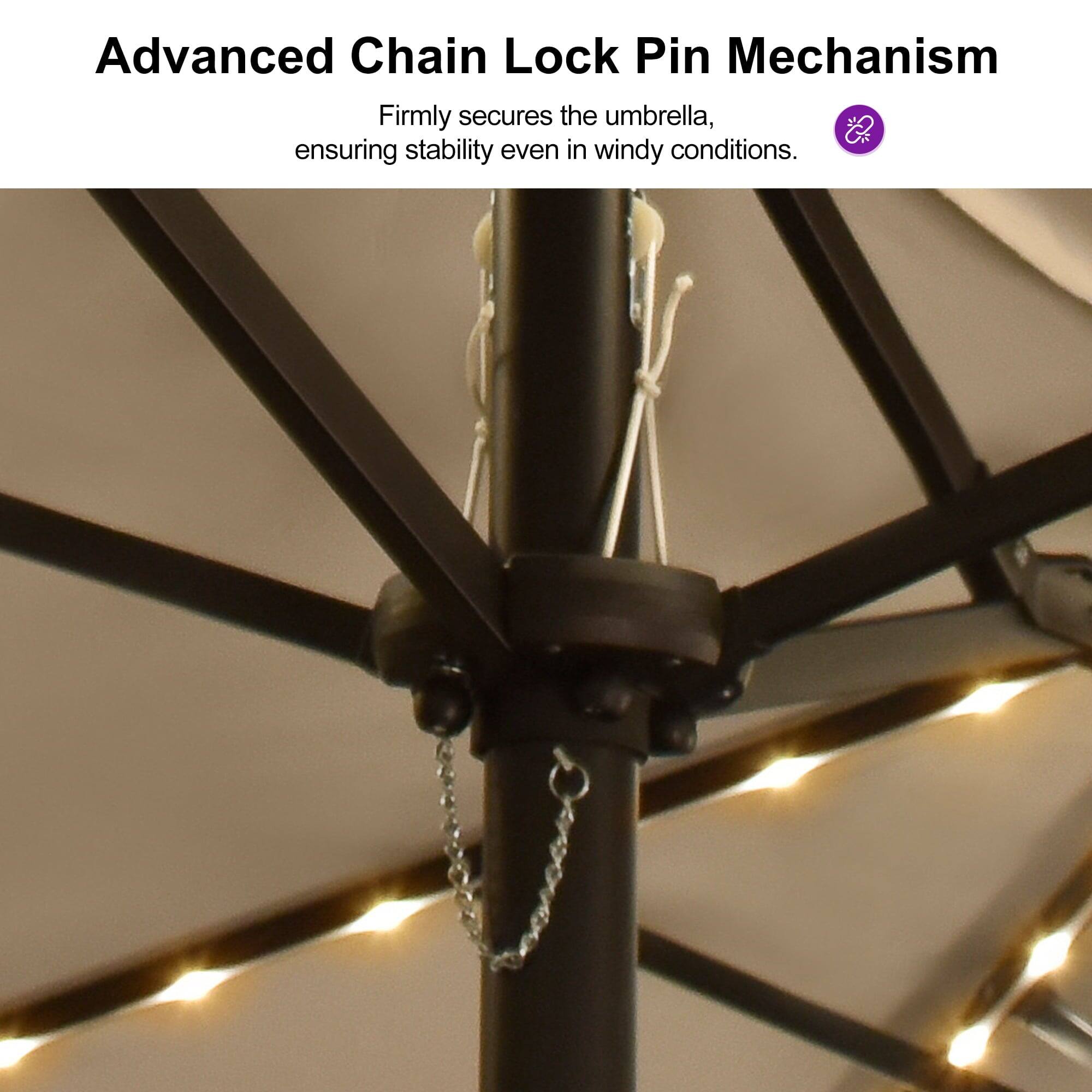 Advanced Chain Lock Pin Mechanism  
Firmly secures the umbrella, ensuring stability even in windy conditions.