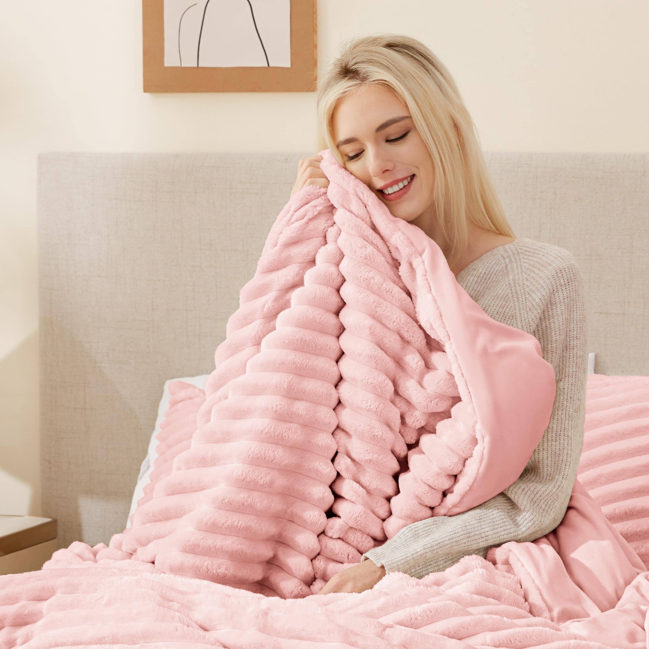 Alt View 2. PARKER SLATER - Fluffy Comforter Set Size - Super Soft Faux Stripe Jacquard 1 Pieces Pink Fleece Bedding Winter Warm Bed With... - 04 Pink-2 Piece-Twin (68"X88").