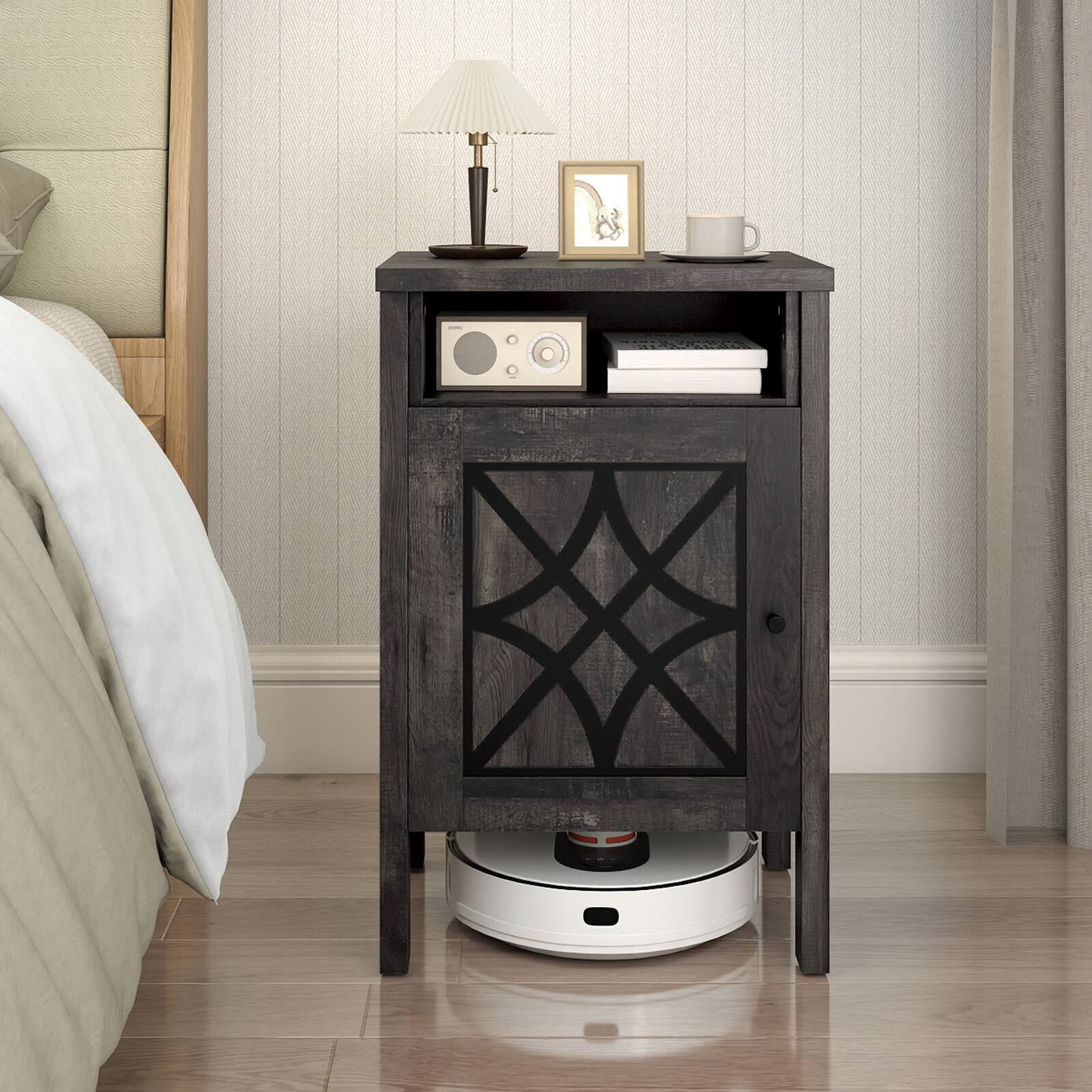 Alt View 4. Gymax - Gymax Robot Vacuum Stand Cabinet w/ Door & Open Shelf for Home Office Living Room Dark Grey - Grey.