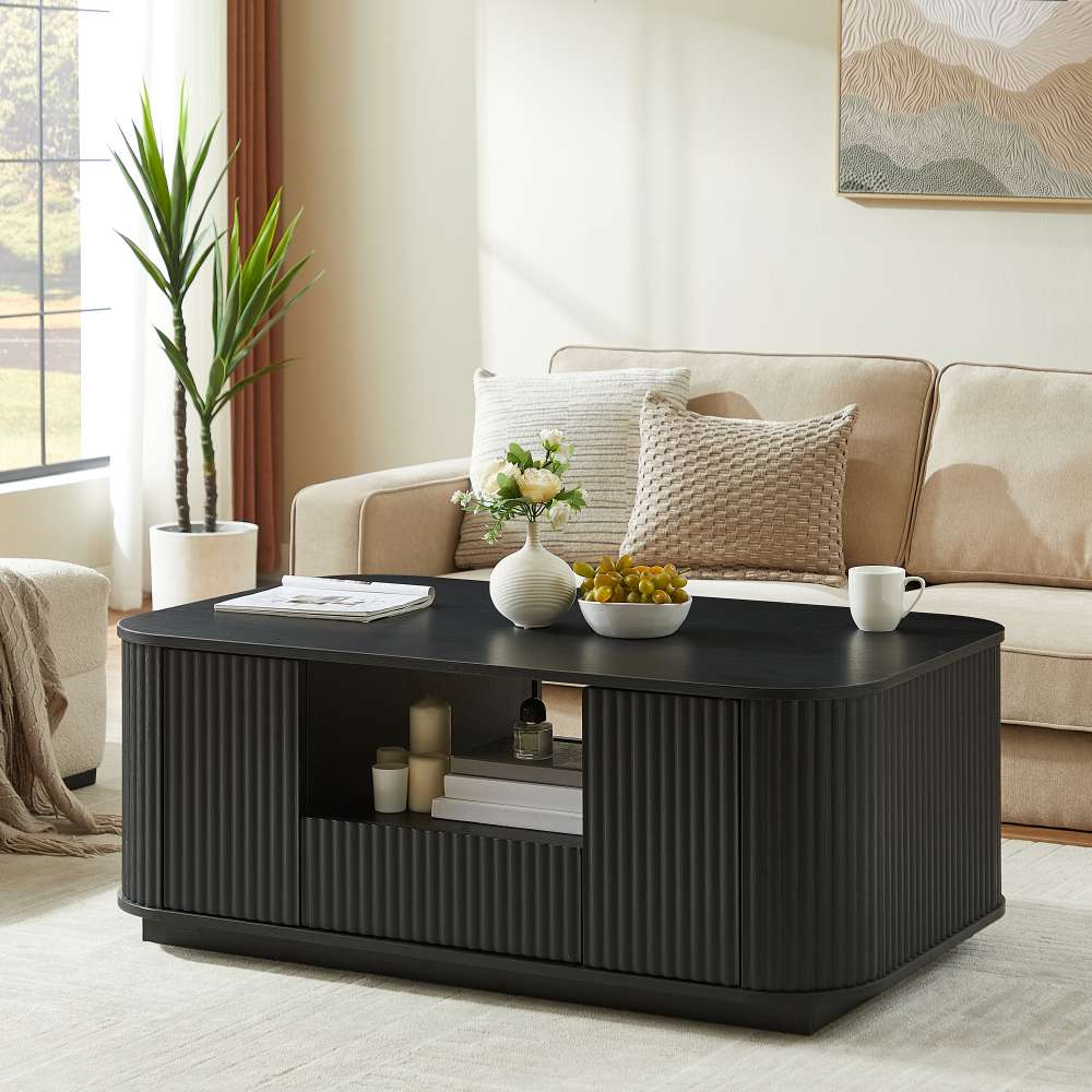 Alt View 1. Lirago - 47" Modern Oval Coffee Table Black with Drawers Storage Open shelving Compartments Curved Contour Design - Black.