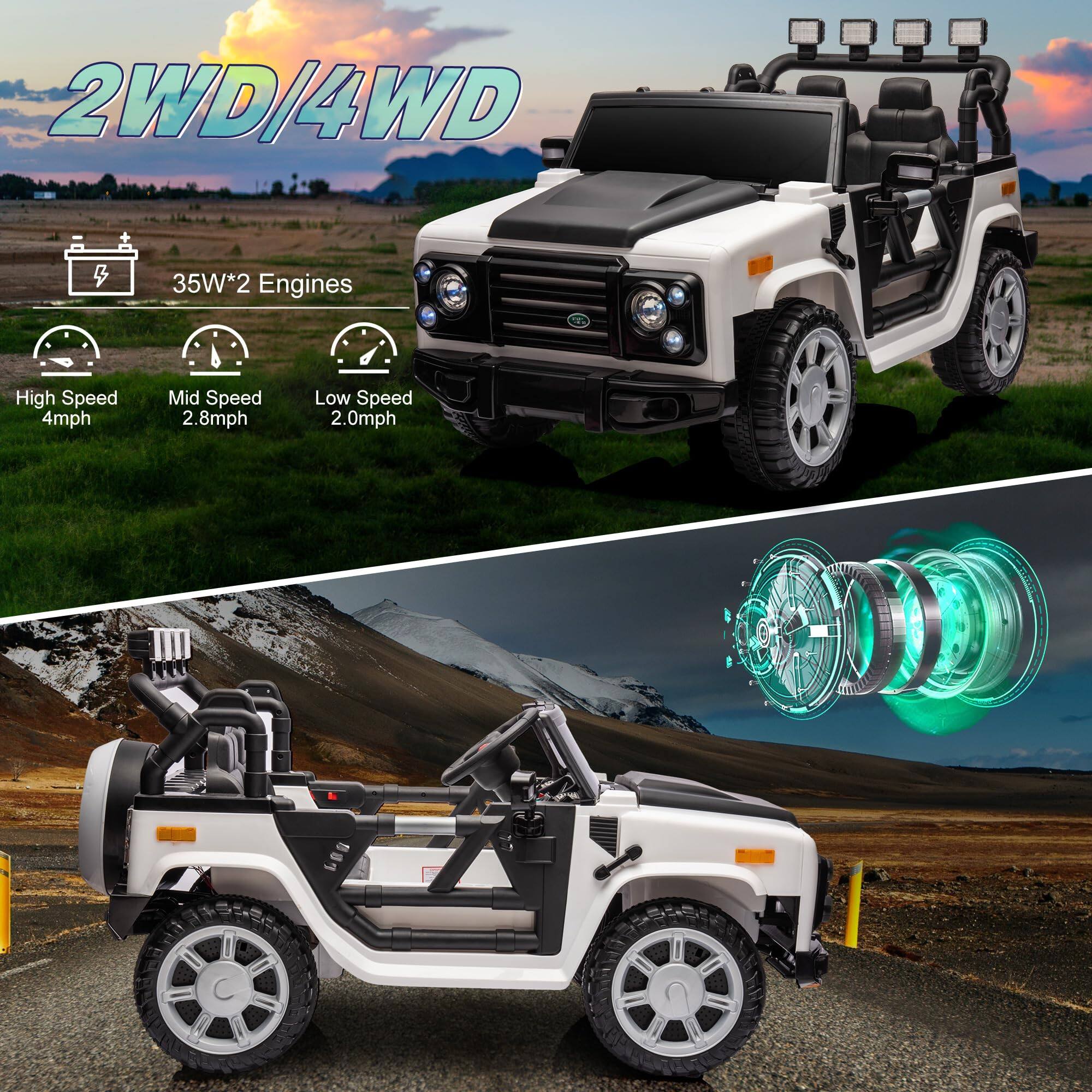 2WD/4WD

35W*2 Engines

High Speed 4mph  
Mid Speed 2.8mph  
Low Speed 2.0mph