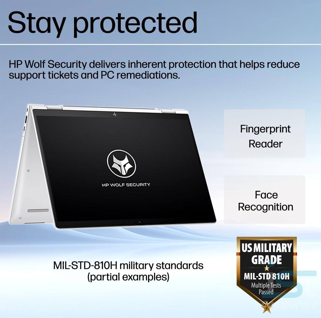 Stay protected

HP Wolf Security delivers inherent protection that helps reduce support tickets and PC remediations.

Fingerprint Reader
Face Recognition

MIL-STD-810H military standards (partial examples)

US MILITARY GRADE
MIL-STD 810H
Multiple Tests Passed
