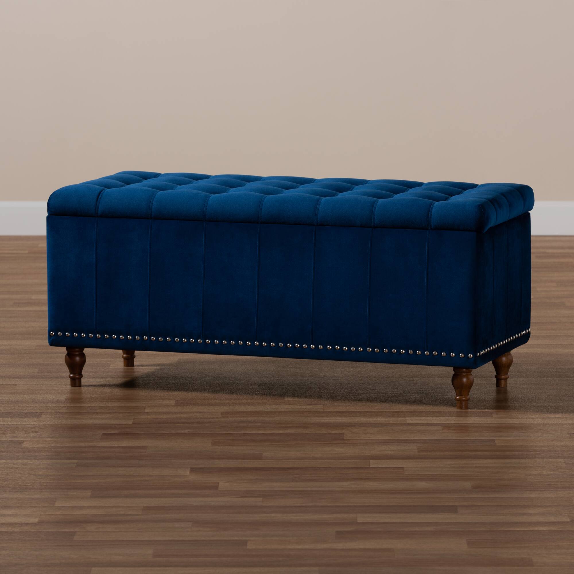 Alt View 6. Baxton Studio - Kaylee Modern and Contemporary Velvet Fabric Upholstered Button-Tufted Storage Ottoman Bench - Navy Blue/Brown.