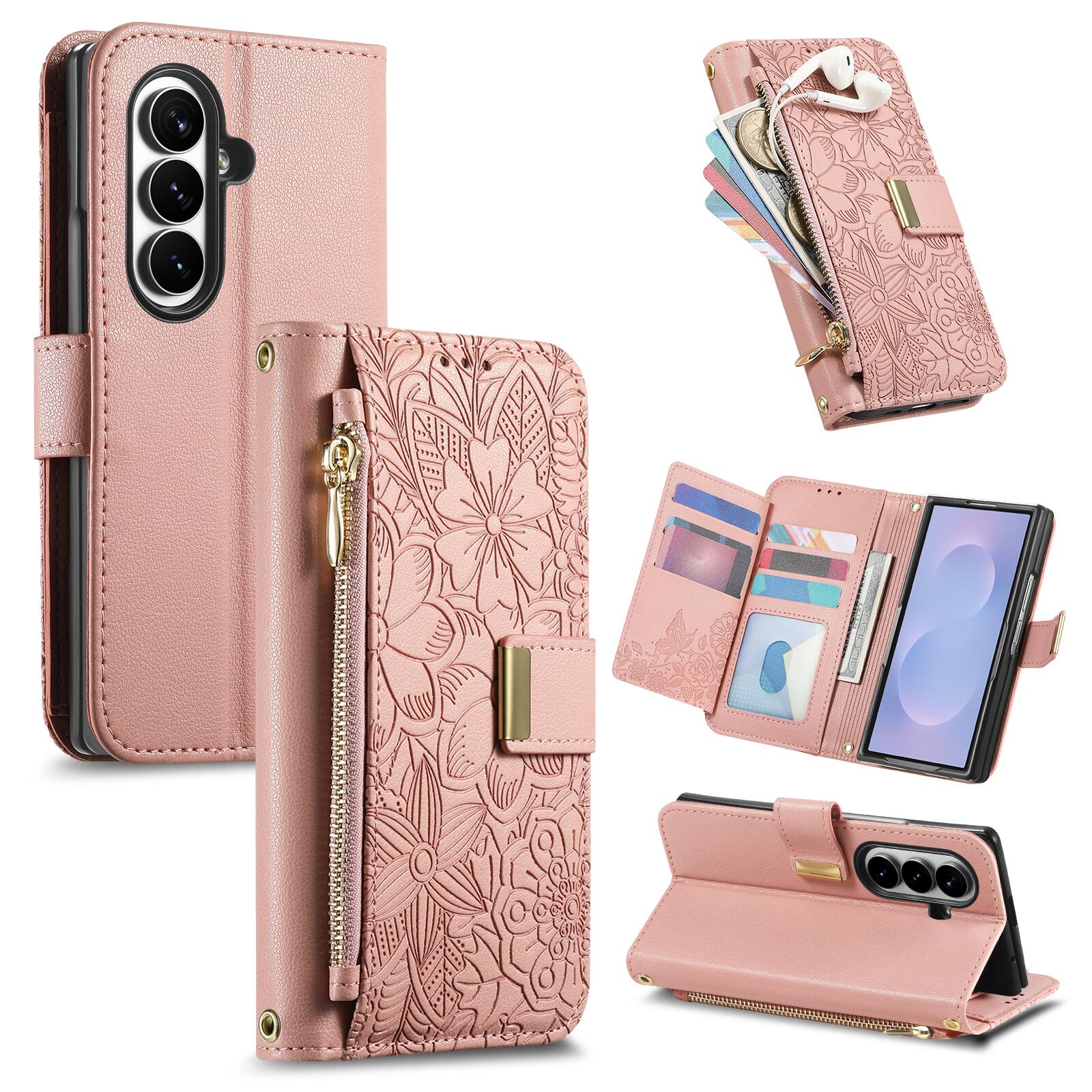 Dteck - Flower Wallet Case for Samsung Galaxy Z Fold8 Ultra (2026), Embossed PU Leather Zipper Pocker Card Slots Folio Cover - Rosegold price history on PriceWatchPro