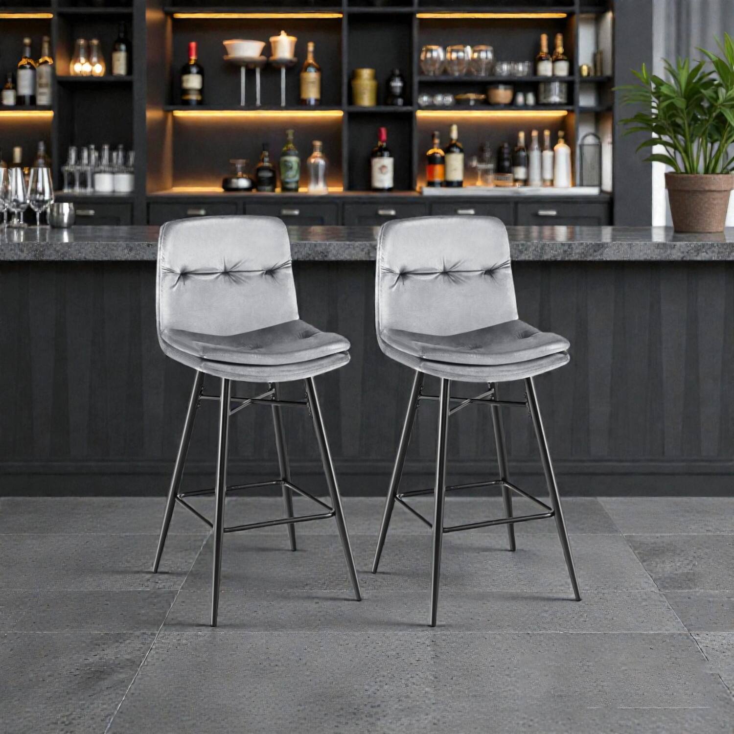 Front. Hivvago - Velvet Bar Stools with Tufted Back and Built-in Footrests -Set of 2 - Gray.