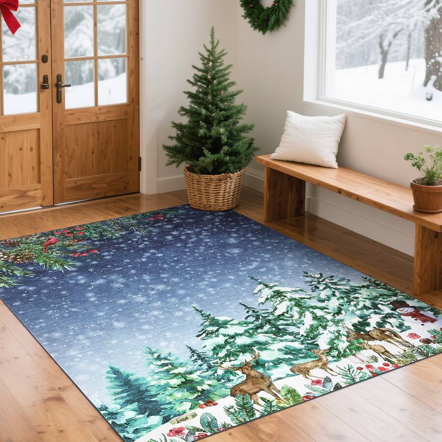 GARVEE Christmas Area Rug with Snowmen & Reindeer Pattern Ultra Thin ...