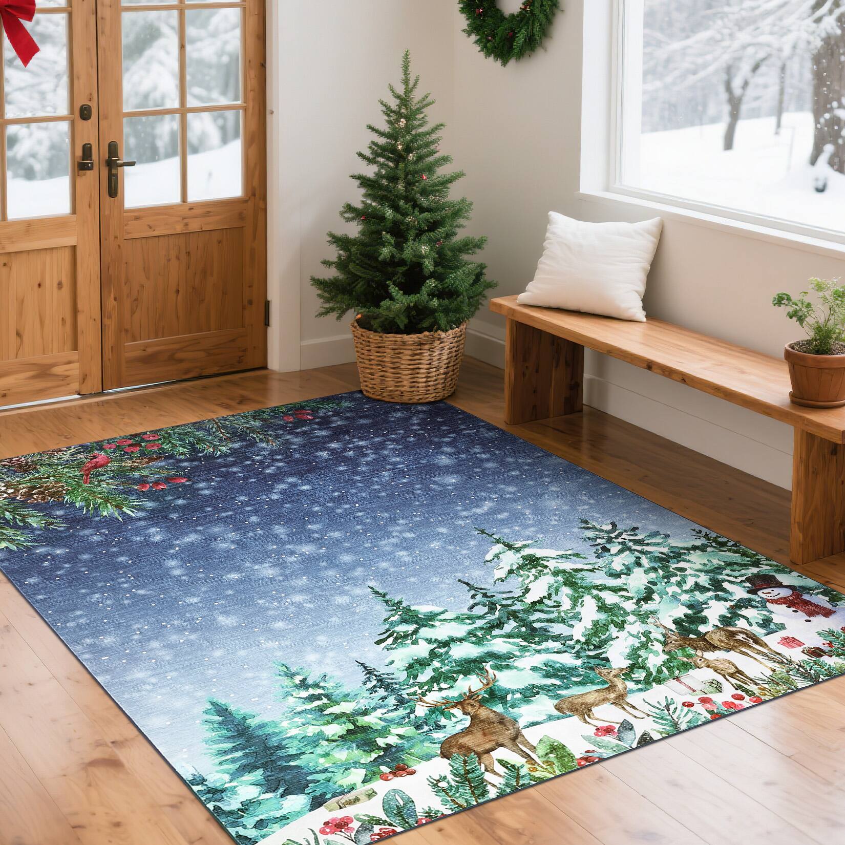 GARVEE Christmas Area Rug with Snowmen & Reindeer Pattern Ultra Thin ...