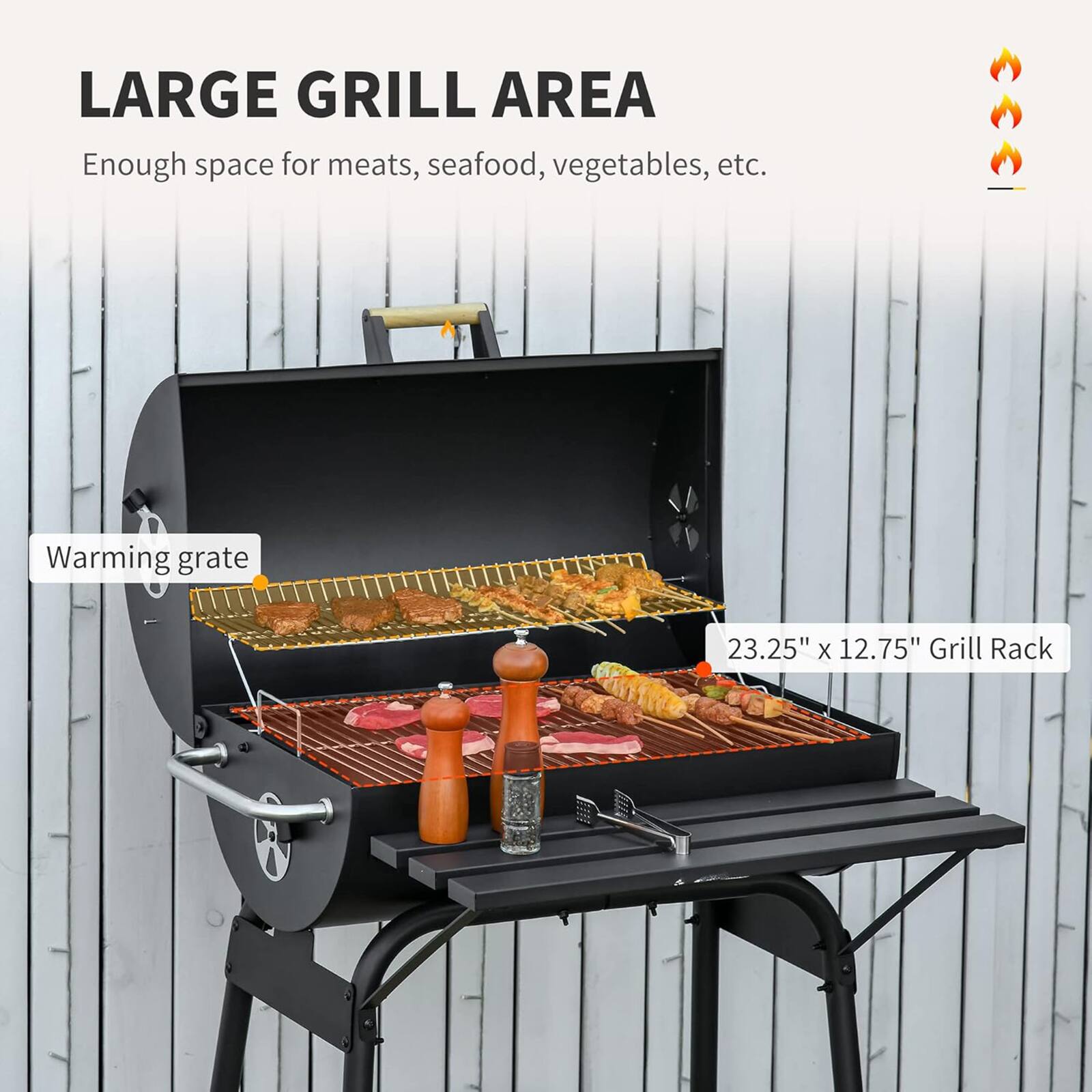 LARGE GRILL AREA  
Enough space for meats, seafood, vegetables, etc.  

Warming grate  

23.25" x 12.75" Grill Rack