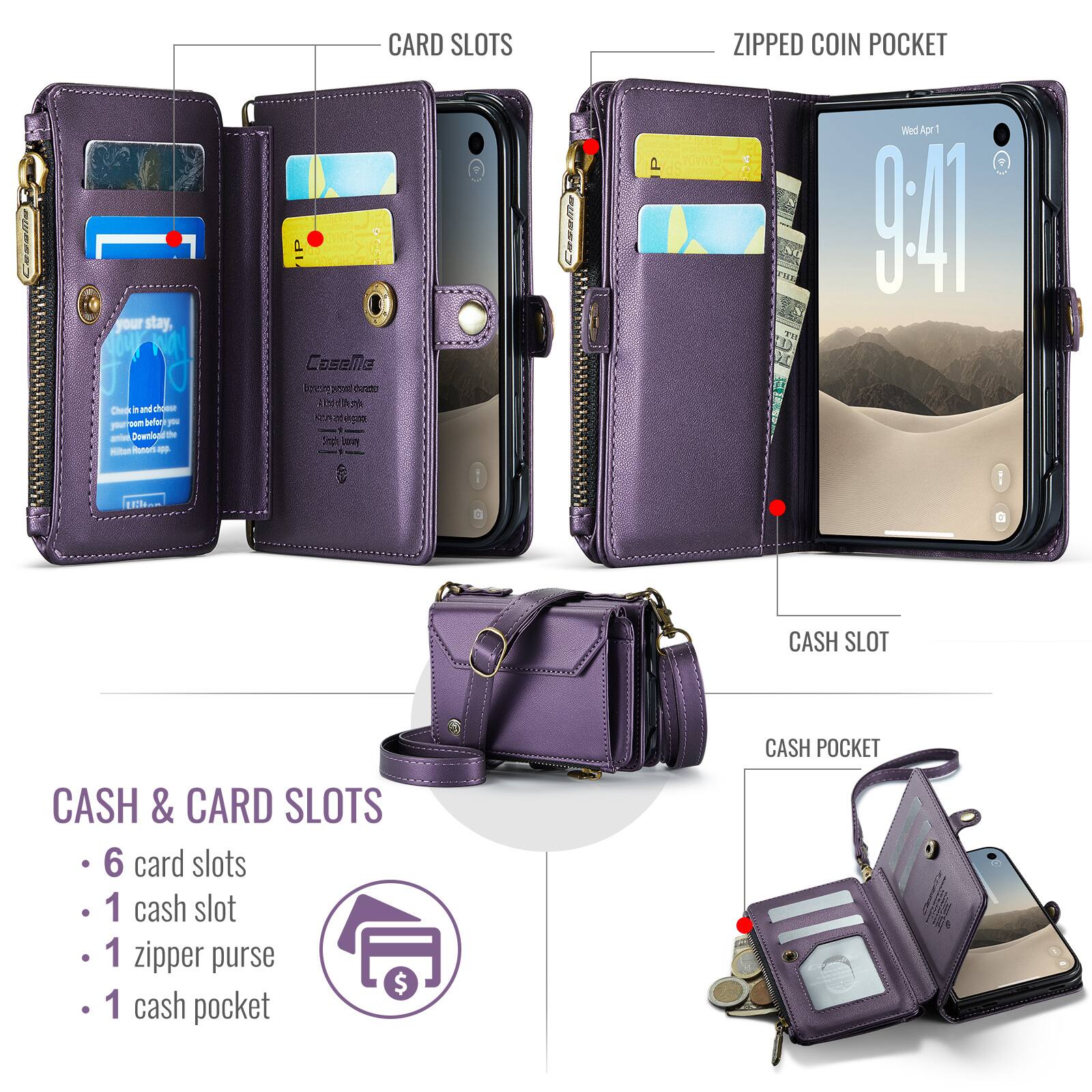 our stay, Check in and choose to come before Download

CARD SLOTS
CaseMe Equine
presed decato
Vigate

P

ZIPPED COIN POCKET
Wed Apr - 9.41

Uiiter

CASH SLOT
CASH POCKET

CASH & CARD SLOTS
6 card slots
1 cash slot
1 zipper purse
1 cash pocket