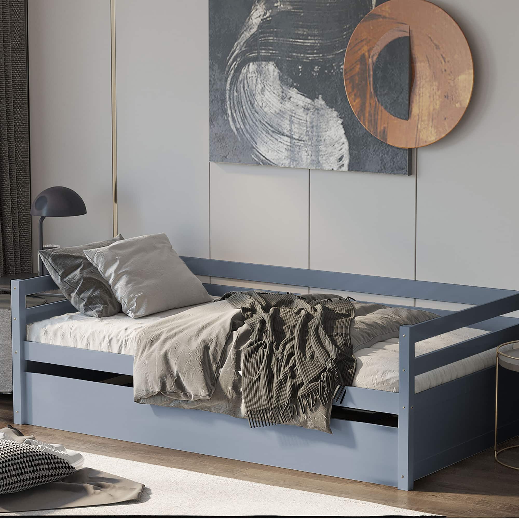Costway - Twin Size Trundle Daybed Wooden Slat Support Mattress Platform - Gray