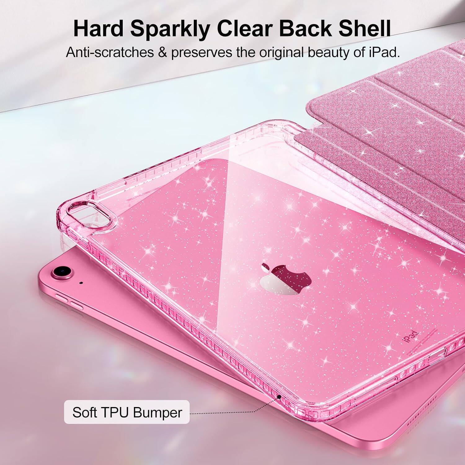 Hard Sparkly Clear Back Shell  
Anti-scratches & preserves the original beauty of iPad.  
iPad Soft TPU Bumper