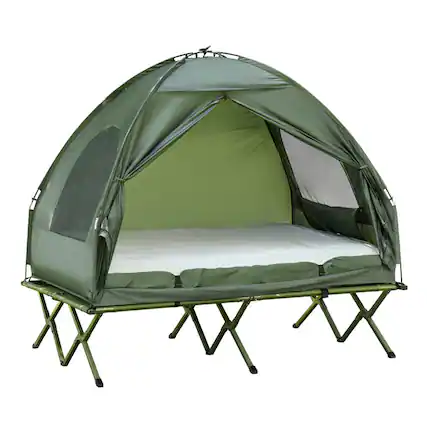 Front. HTUTWOO - 2 Person Foldable Camping Cot With Tent - 4-In-1 Elevated Camping Bed Tent with Bedspread Thick Air Mattress for Outdoor - Dark Green.