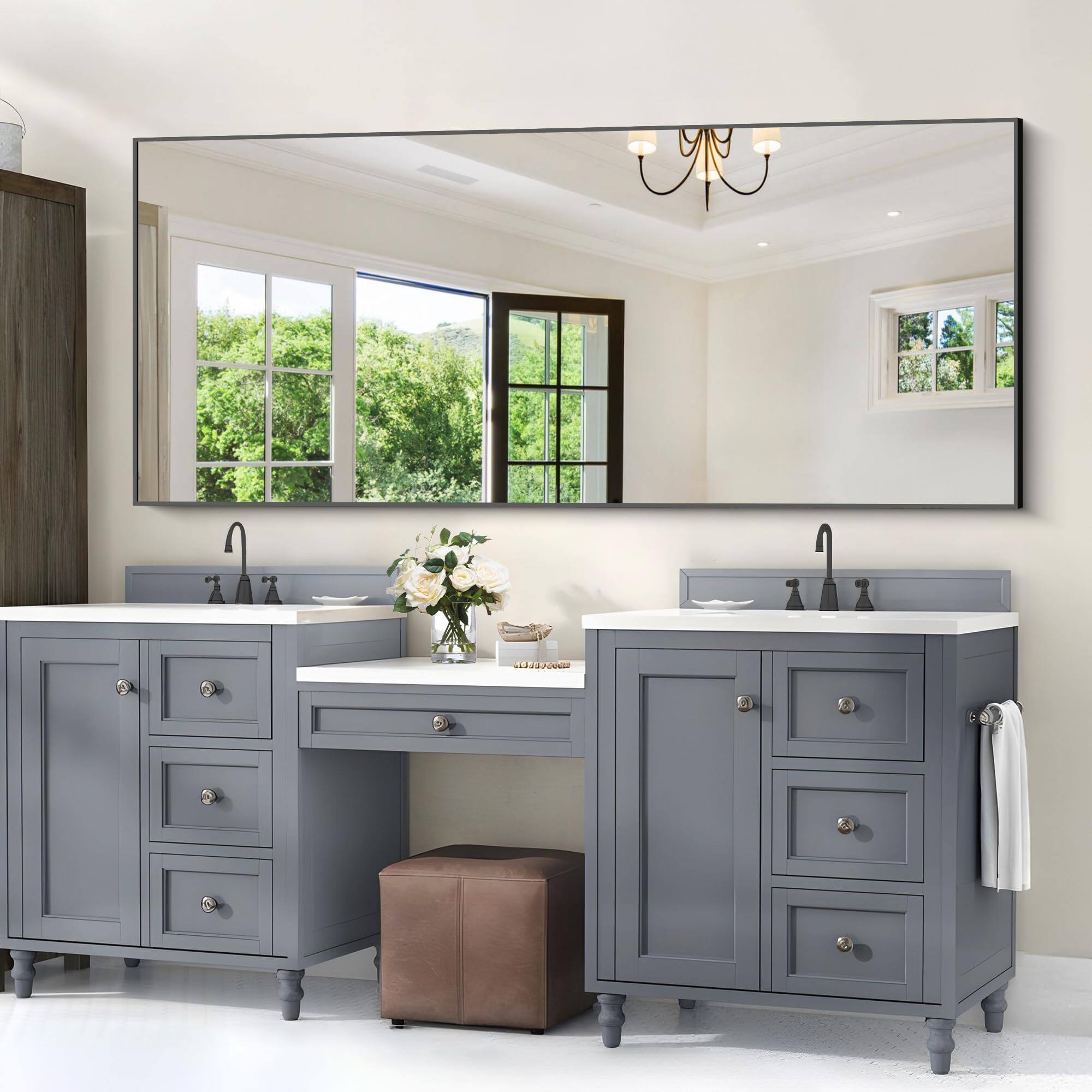 Back. Cedar Assembly - Bathroom Mirror Rectangle With Thin Frame Rectangular Wall For Living Roomm Hair Salon Big Farmehouse Han... - Silver-55"L x 36"W.