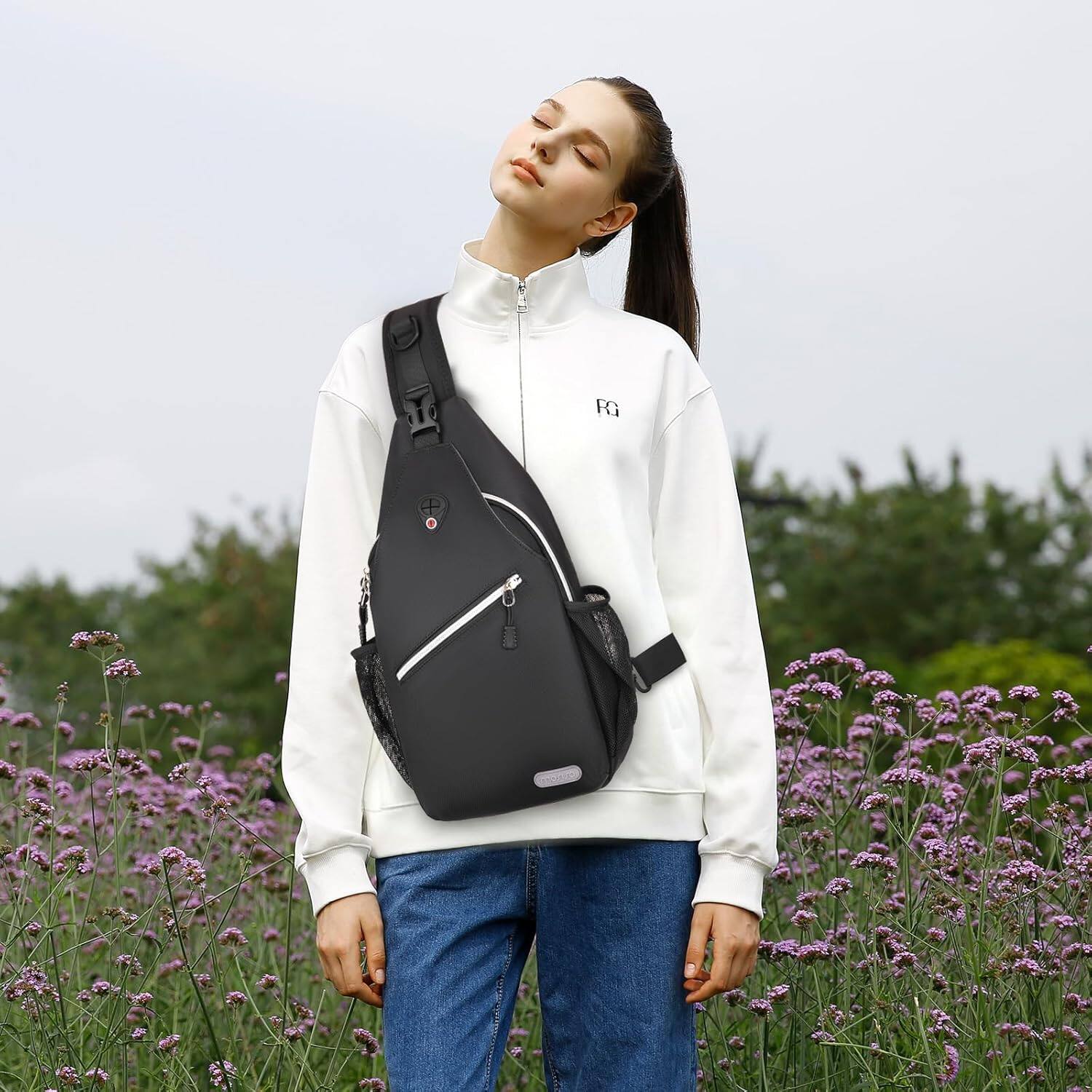 Alt View 5. mosiso - Sling Backpack Multipurpose Crossbody Shoulder Bag Travel Hiking Daypack - Black.