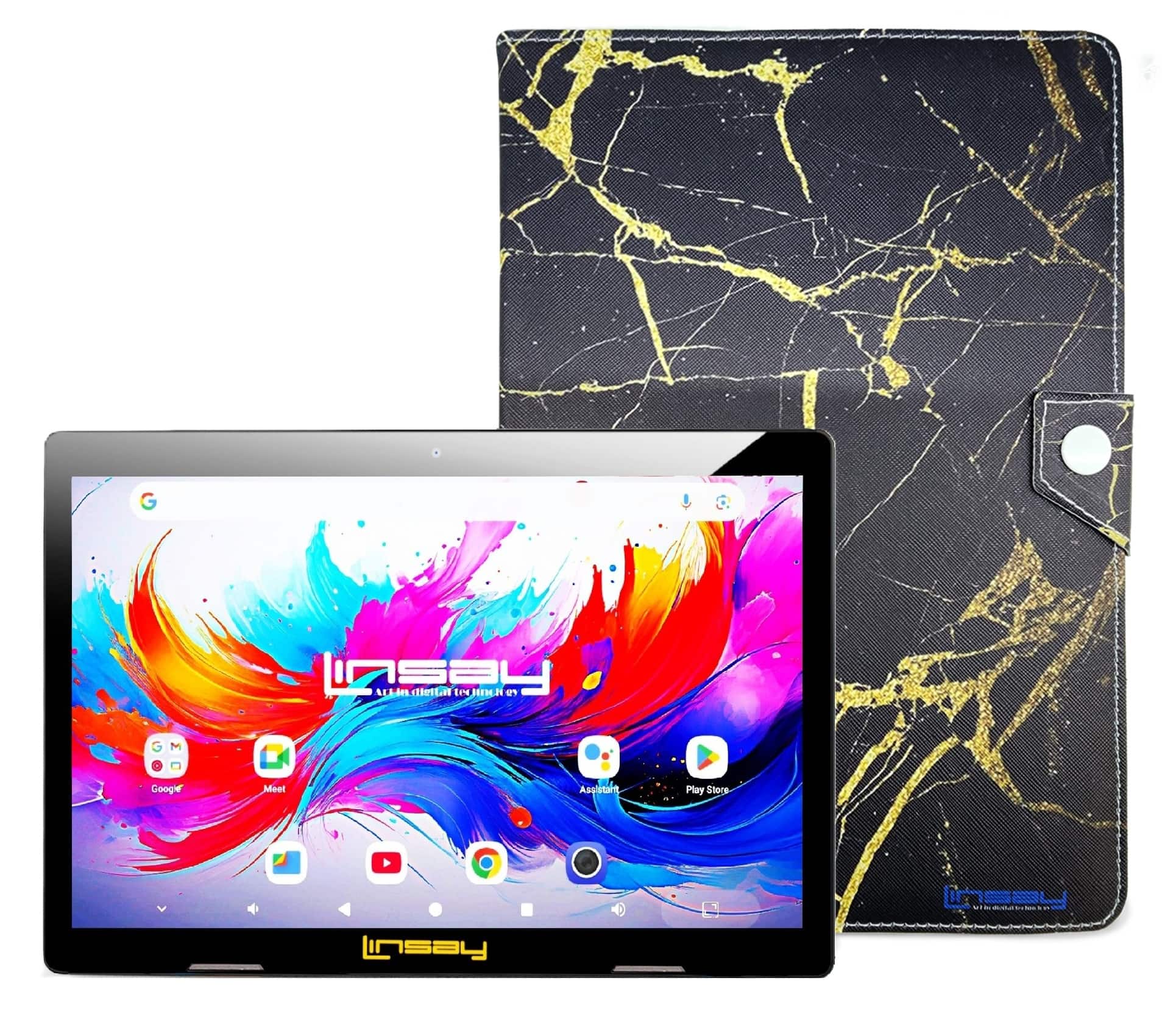 LINSAY - 10.1"Octa Core 256GB Storage Android 15 Tablet with and Golden Marble Case - Black