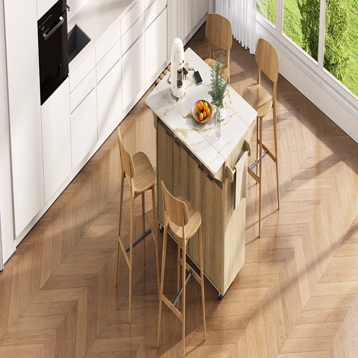 Alt View 4. Loheer - 55.5 inch fluted kitchen island with 2 drop leaf, faux marble top kitchen island, rolling kitchen cart with power outlet - Natural.