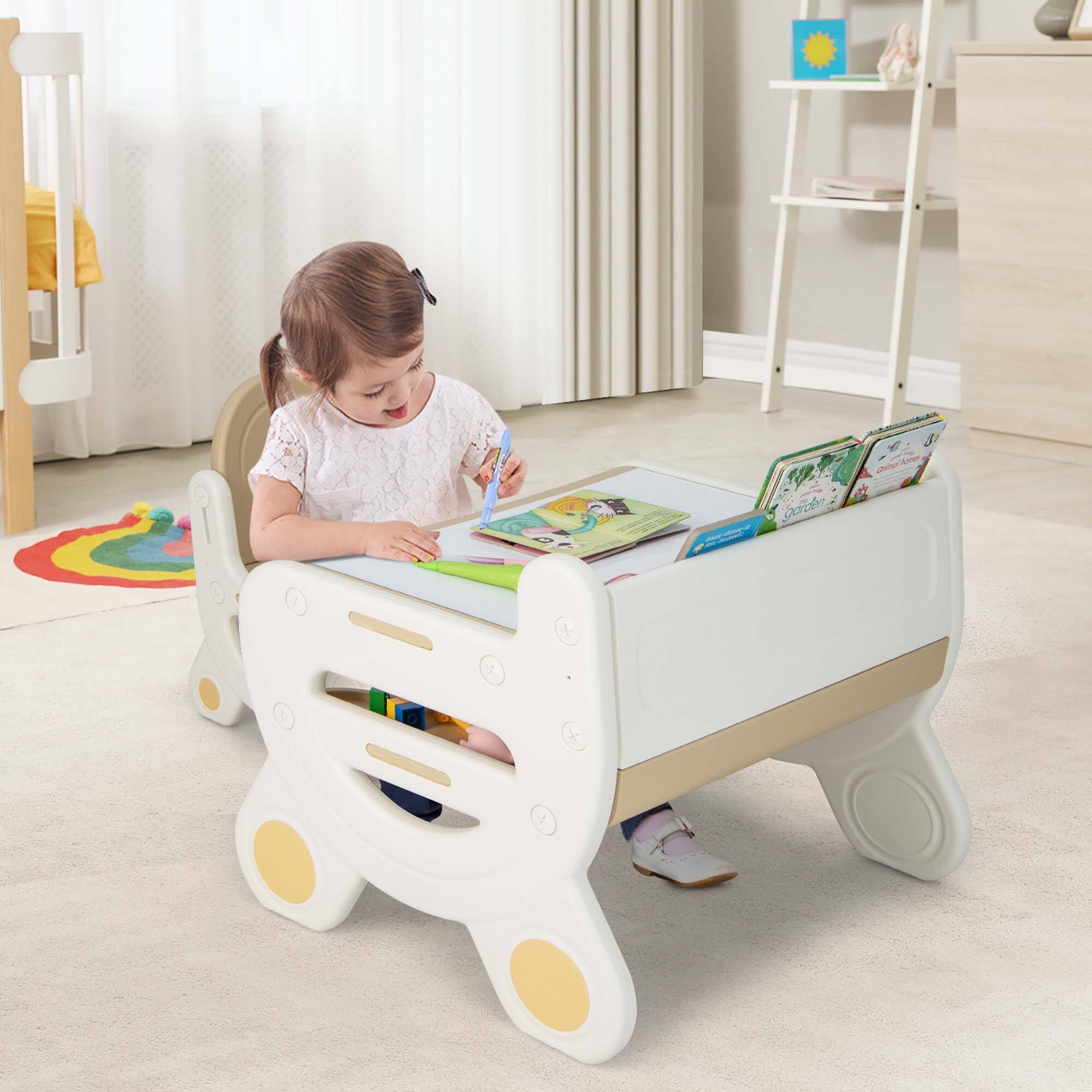 Alt View 1. Costway - Costway Kids Drawing Table & Chair Set for Reading Playing with Pens & Blackboard Eraser - Brown+White.