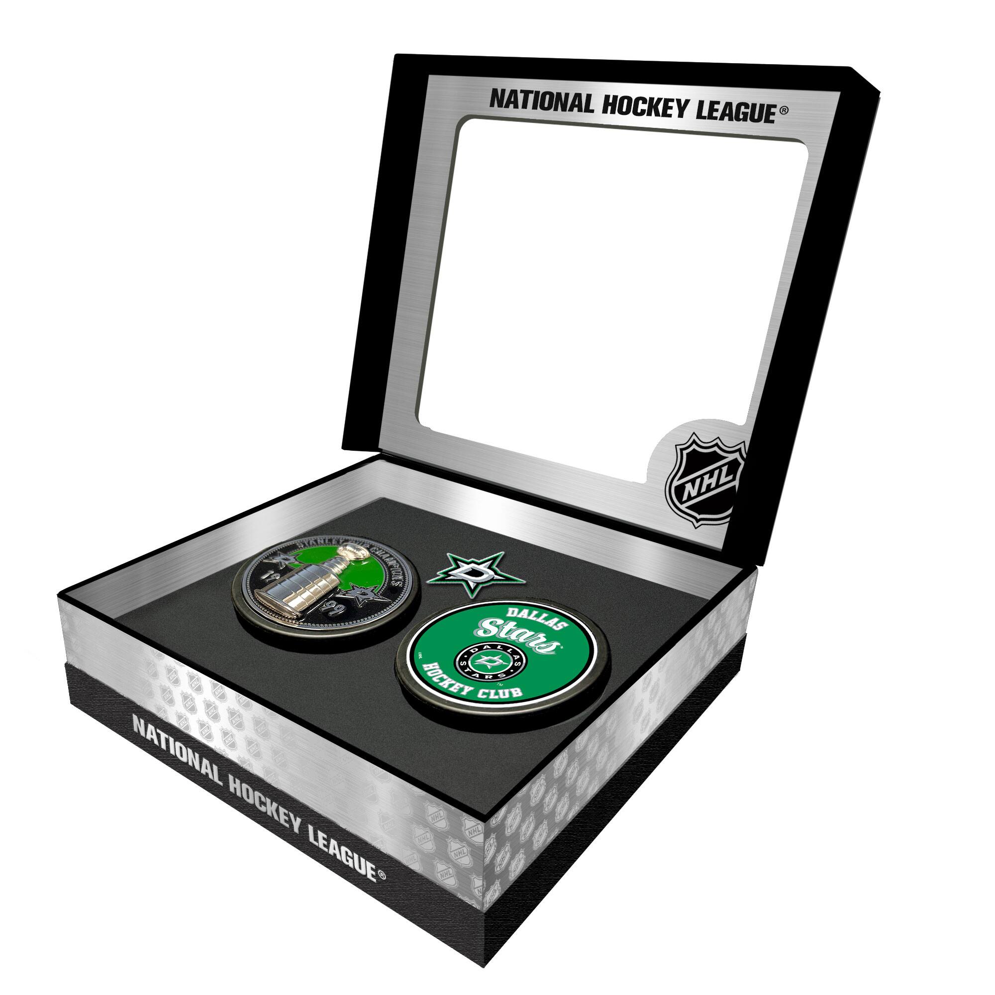Mustang Drinkware - Dallas Stars Stanley Cup Retro Puck & 3D Cup Puck Gift Box Set - Multicolor