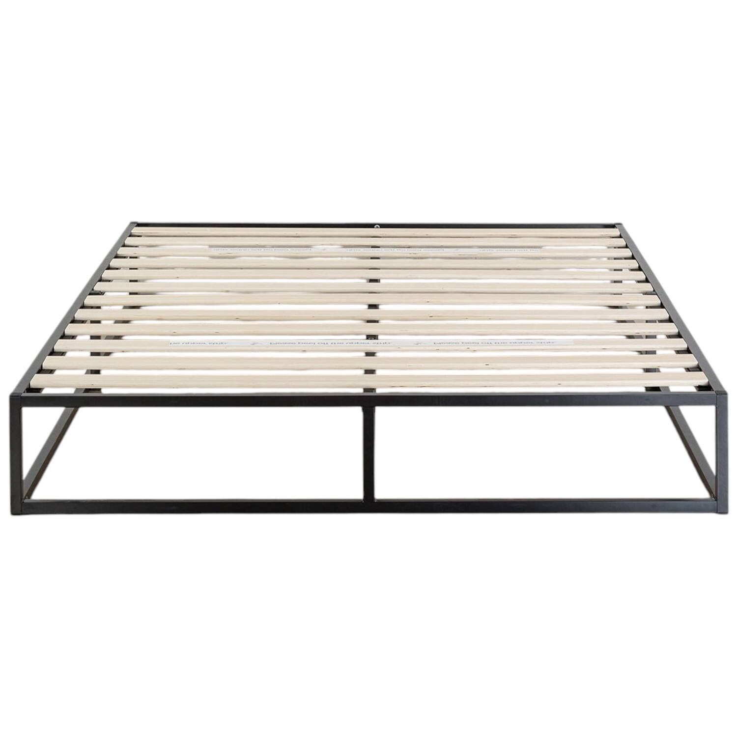 Front. SlickBlue - Modern Metal Platform Bed Frame, Low Profile with Wood Slats - Black.